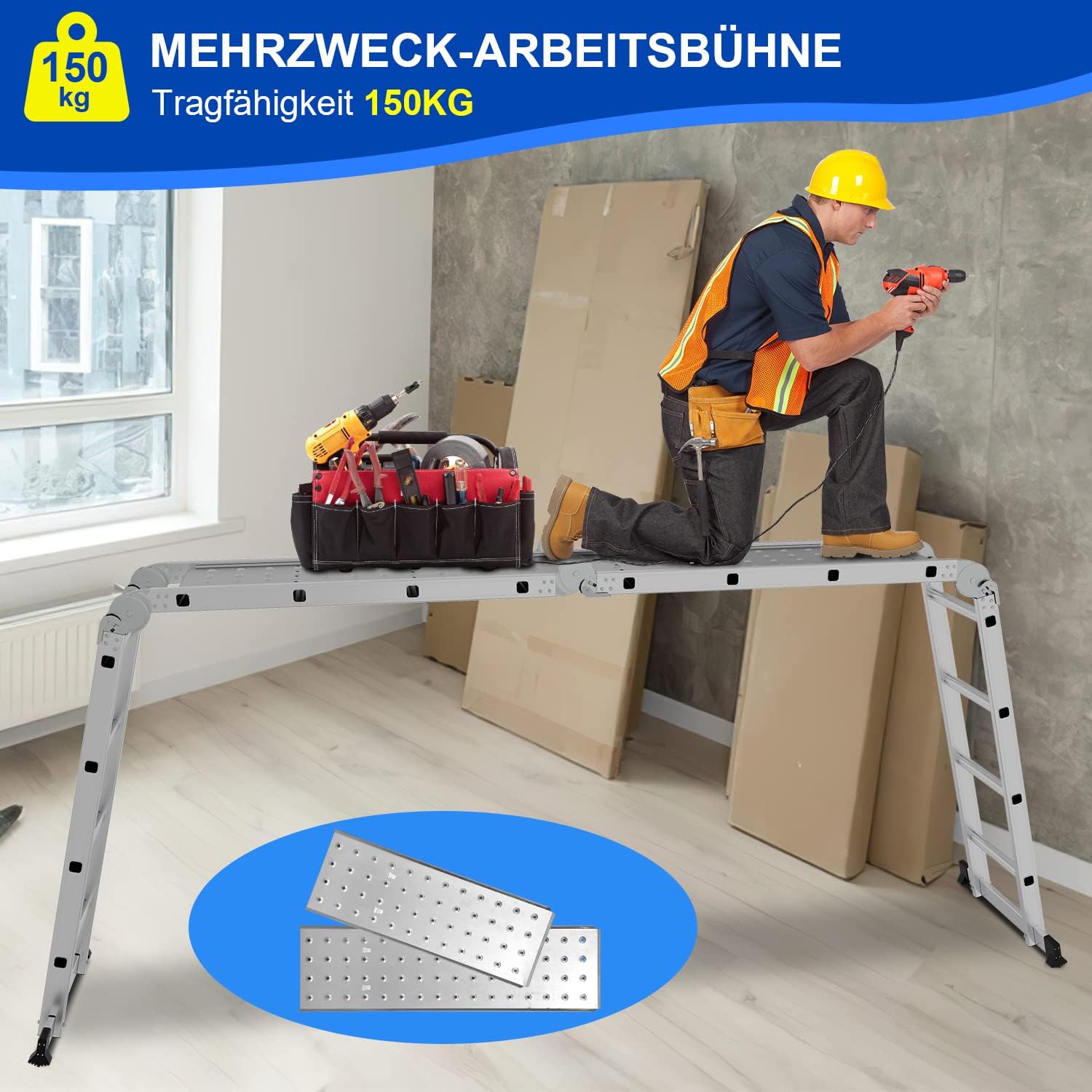 Detalle de Yakimz Scala multifunzione 7 in 1 da 5,82 m in alluminio: scala pieghevole con 4×5 gradini, 2 piattaforme e 2 ruote