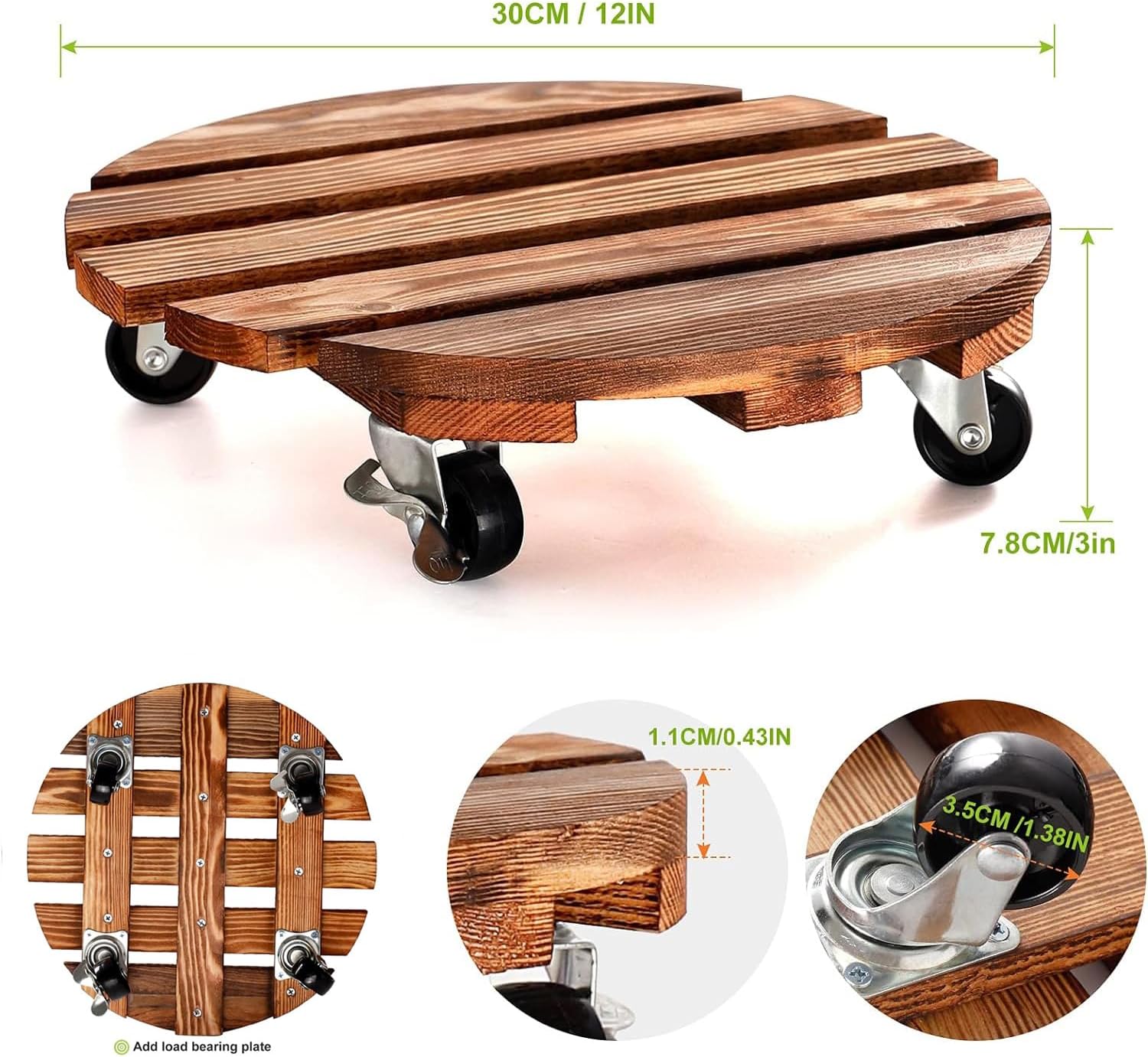 Thumbnail 2 de CHAMSUREUK 2 Pack 12 Inch Wood Plant Caddy with Lockable Wheels