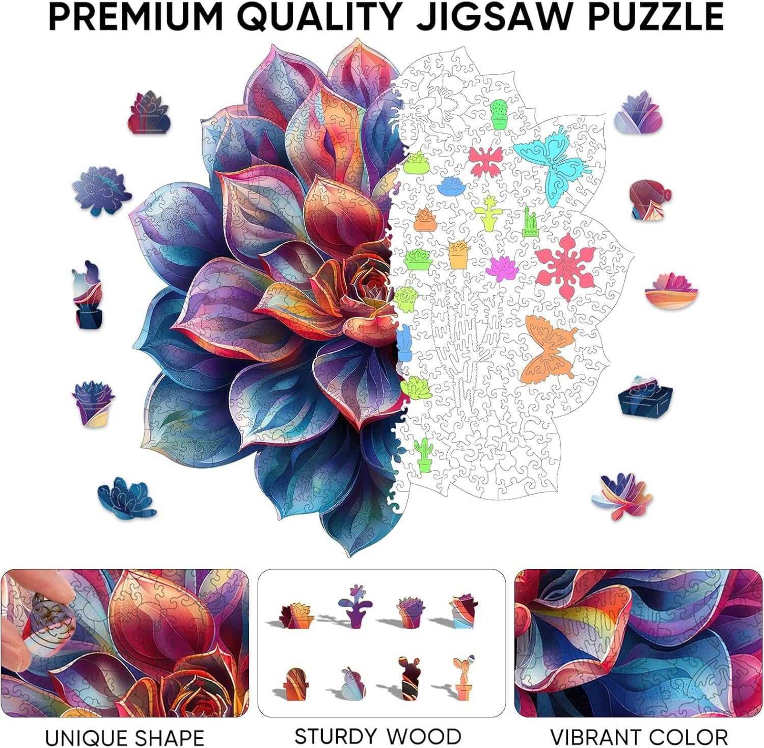 Detalle 2 de Reouinty 500-Piece Flower Succulent Wooden Puzzle 🧩