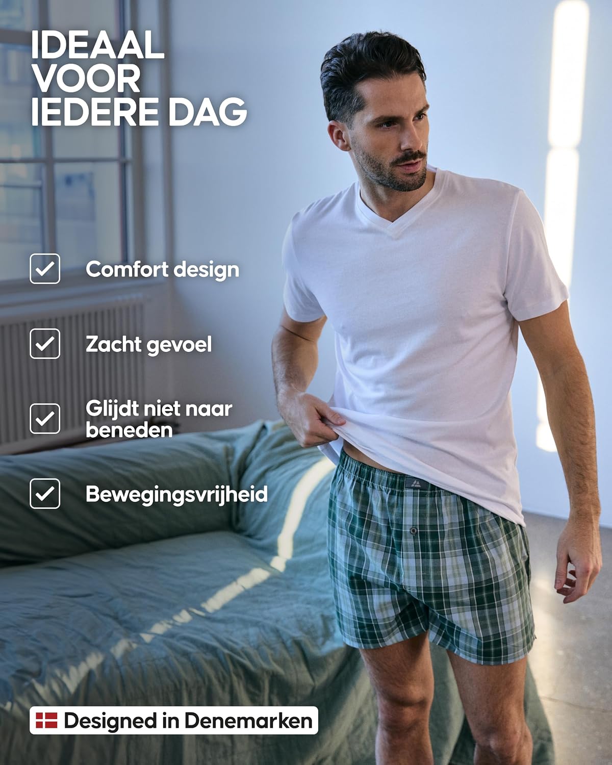Detalle de DANISH ENDURANCE geweven boxershorts van biologisch katoen, losse pasvorm en knoopgulp