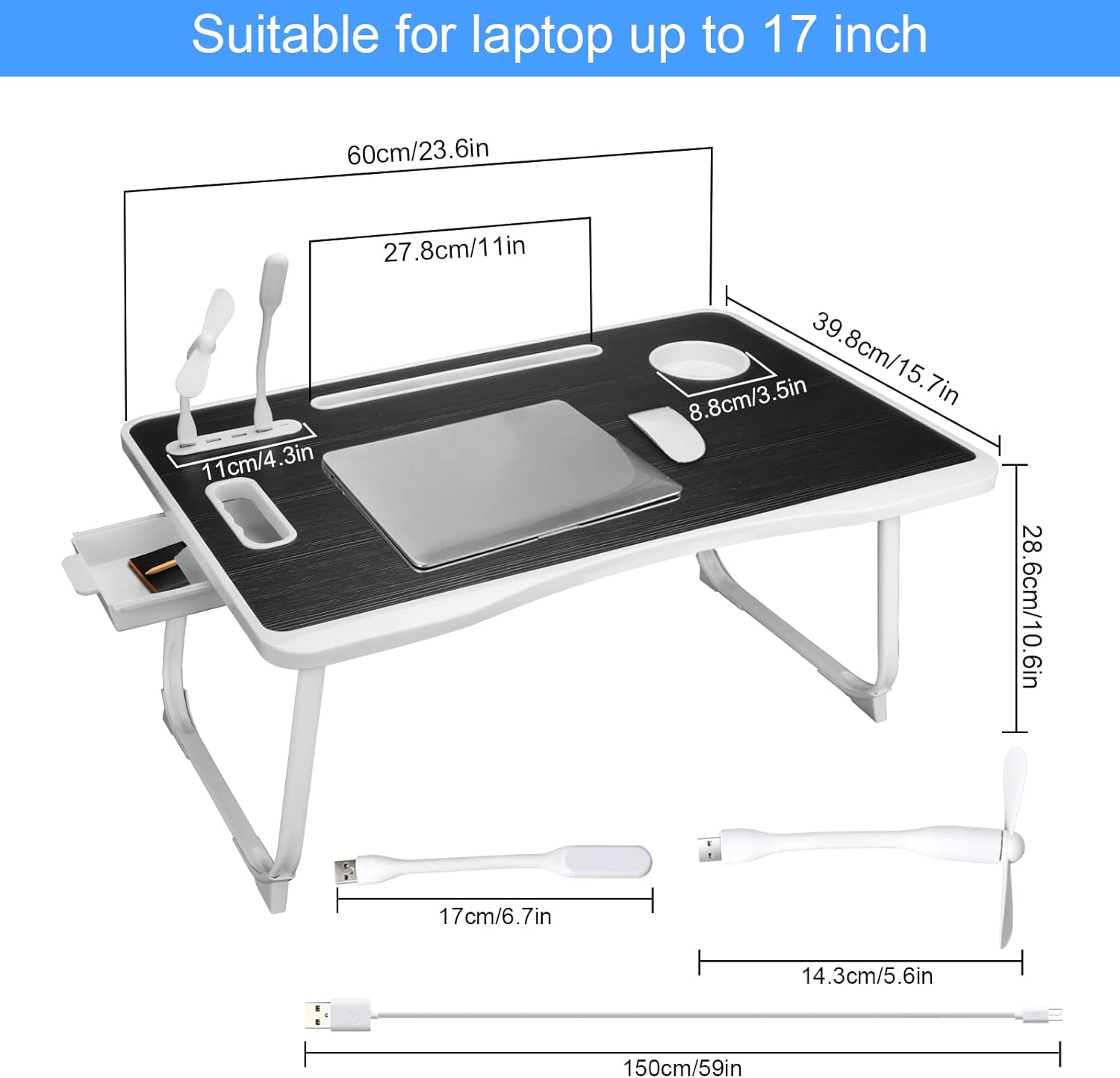 Thumbnail 3 de CSYY Upgraded Bed Table Laptop Desk (Foldable) – 23.6 x 16.5 x 11.8 inches, USB Ports, Drawer and Cup Slot