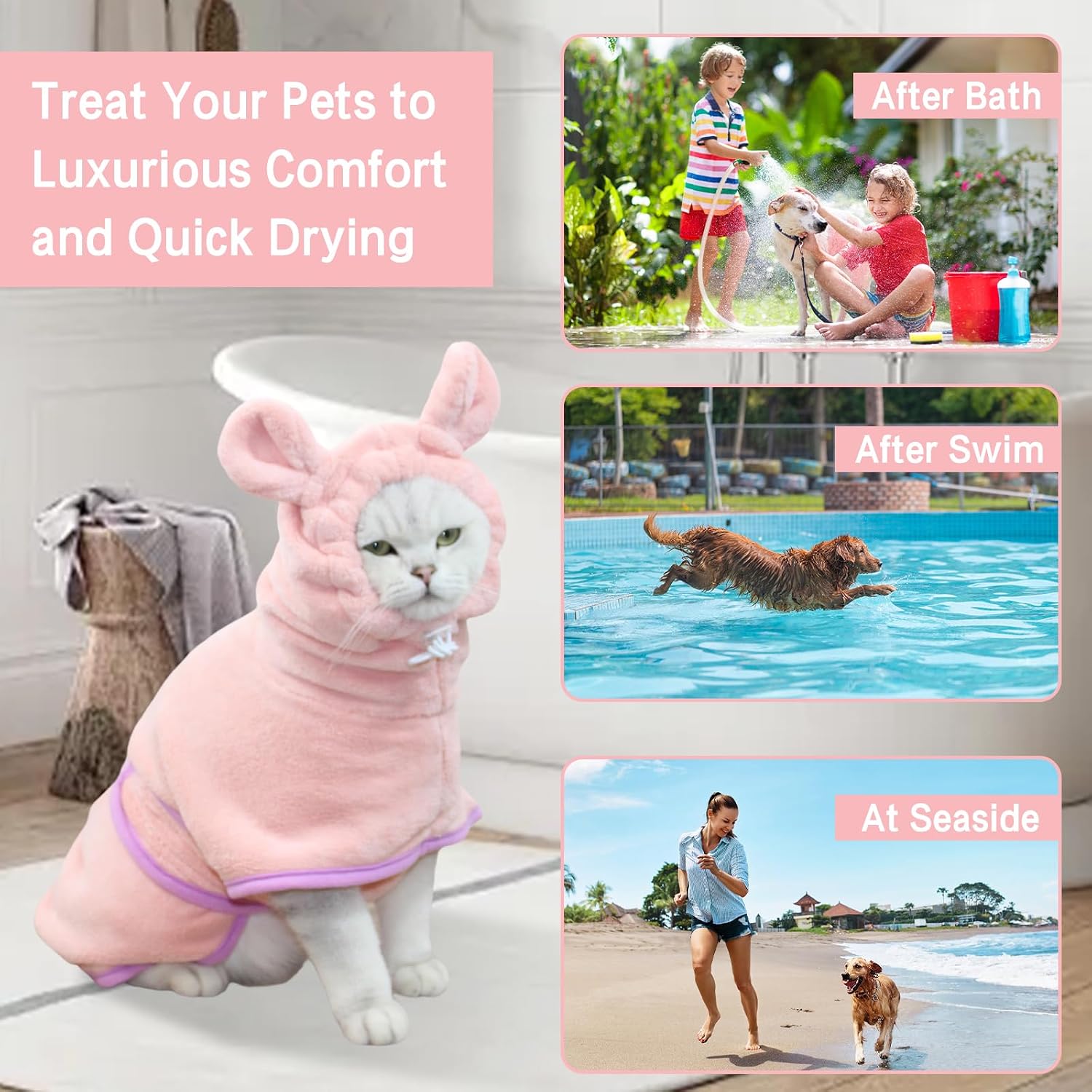 Thumbnail 3 de Fnaobai Pet Bathrobe for Dog & Cat – Absorbent Quick-Dry Hooded Towel in Pink (L)