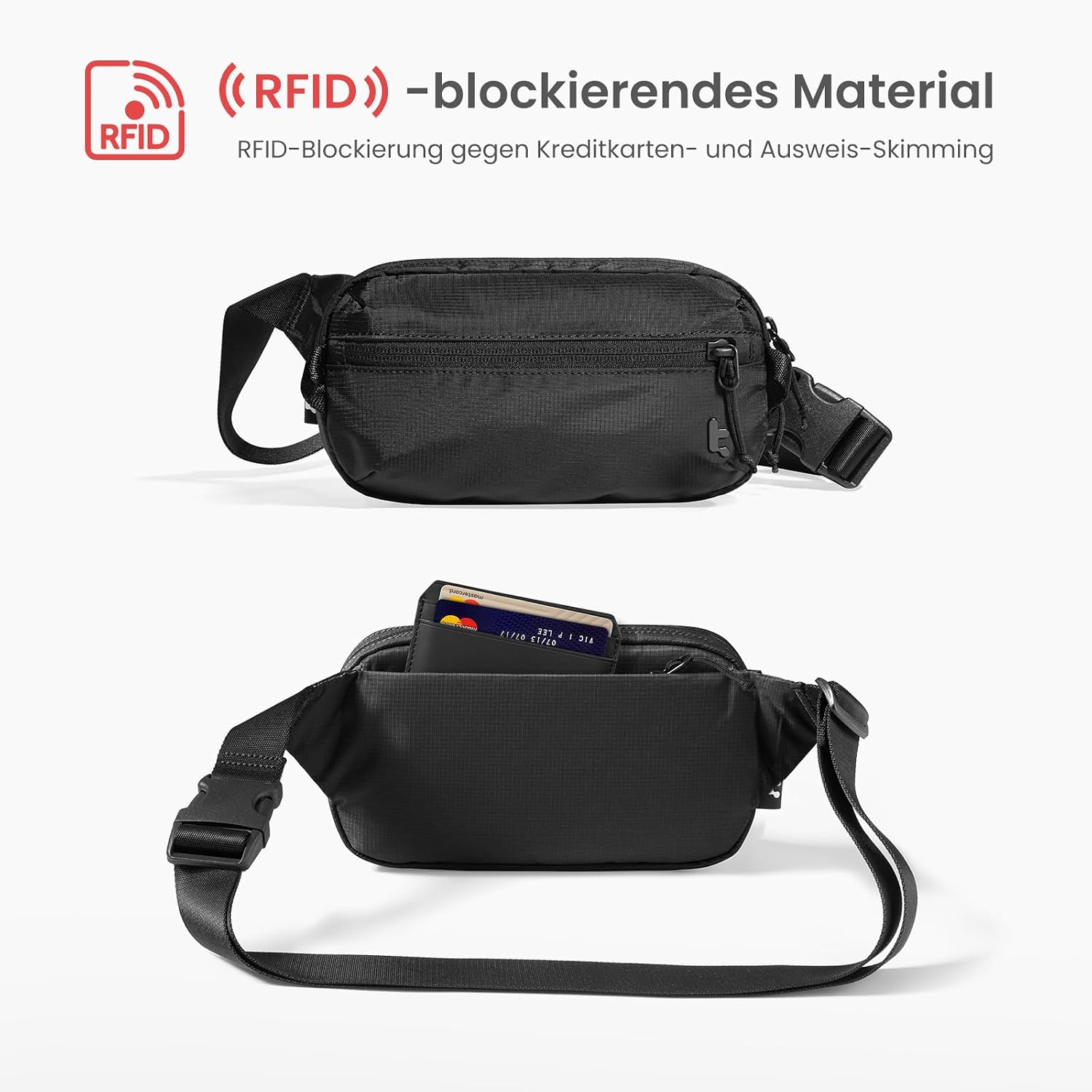 Detalle de tomtoc 1,5-Liter Sling Bag mit RFID-Schutz – leichte Crossbody-Bauchtasche für Alltag, Reise & EDC