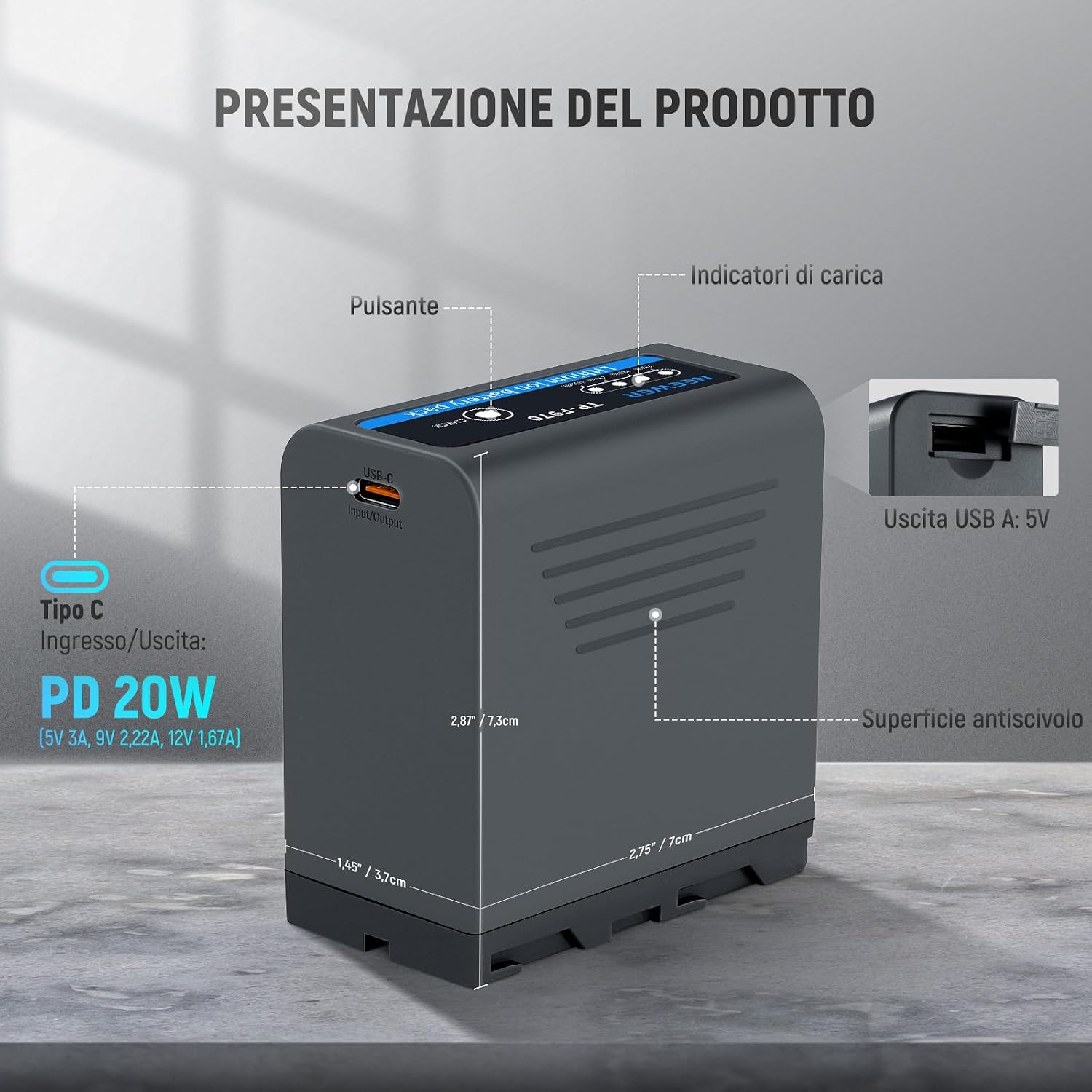 Thumbnail 1 de NEEWER NP-F970 10500mAh batteria di ricambio con ricarica rapida PD 20W (USB-C) per Sony FX3/FX30, Canon R5, Nikon Z8, grigio