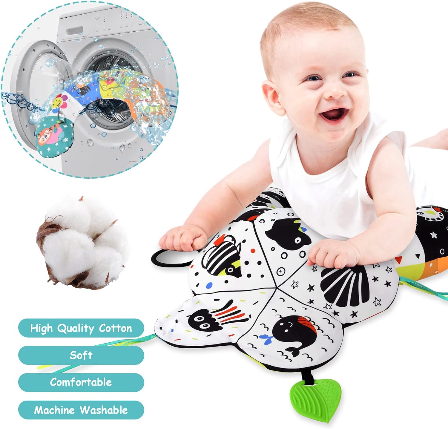 Detalle de Aolso 3 in 1 Tummy Time Pillow: cuscino per allattamento con giocattoli, massaggiagengive e specchio per neonati