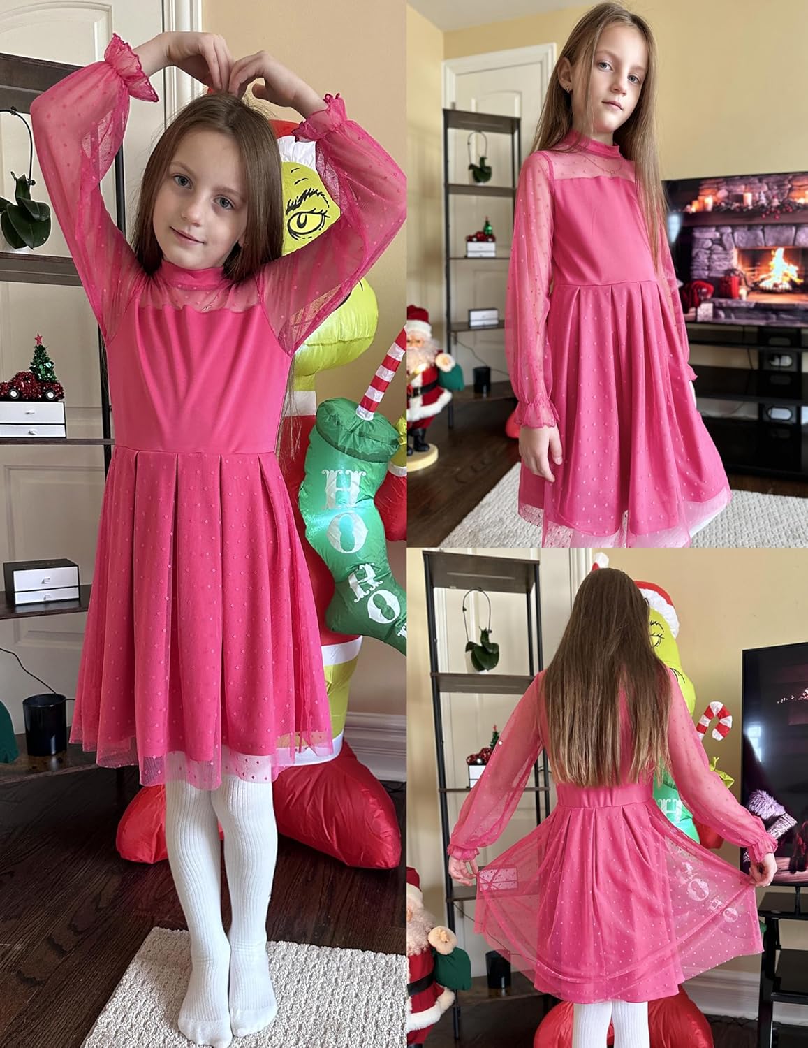 Detalle 1 de Arshiner Girls Contrast Mesh Puff Long Sleeve Mock Neck Formal Tulle A-Line Dress