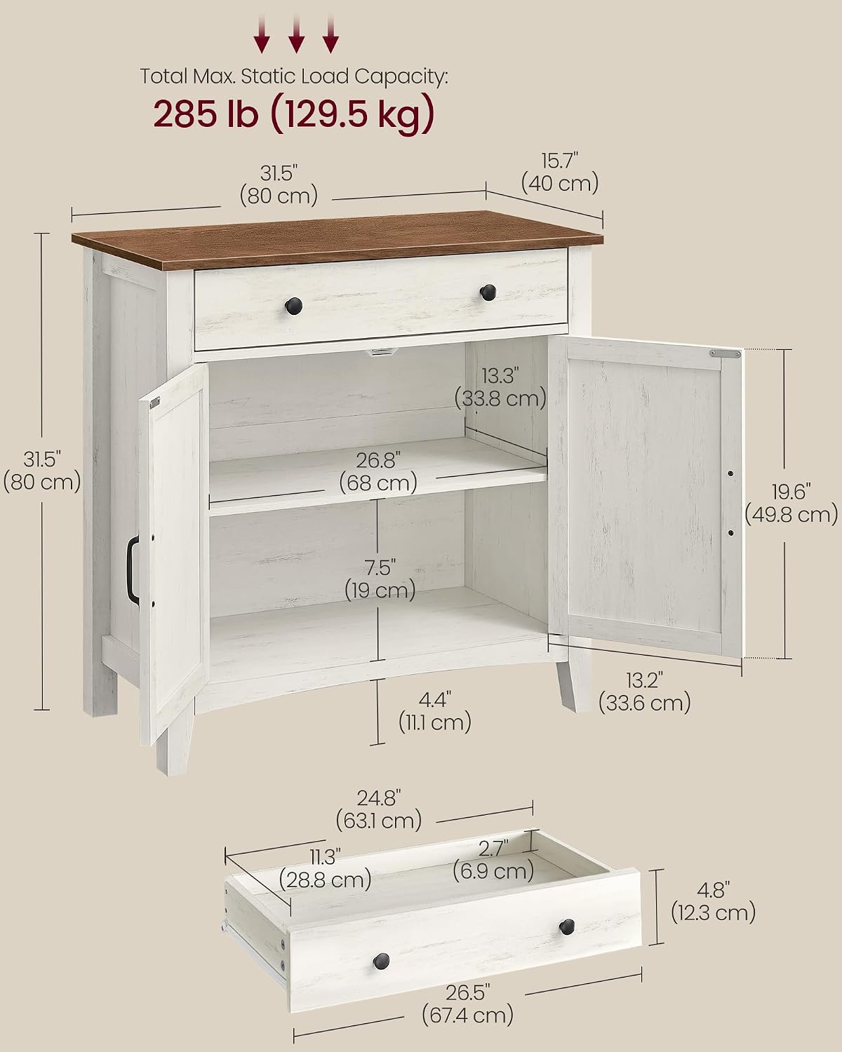 Detalle de VASAGLE UBBK341W01 Farmhouse Coffee Bar Cabinet with Adjustable Shelf