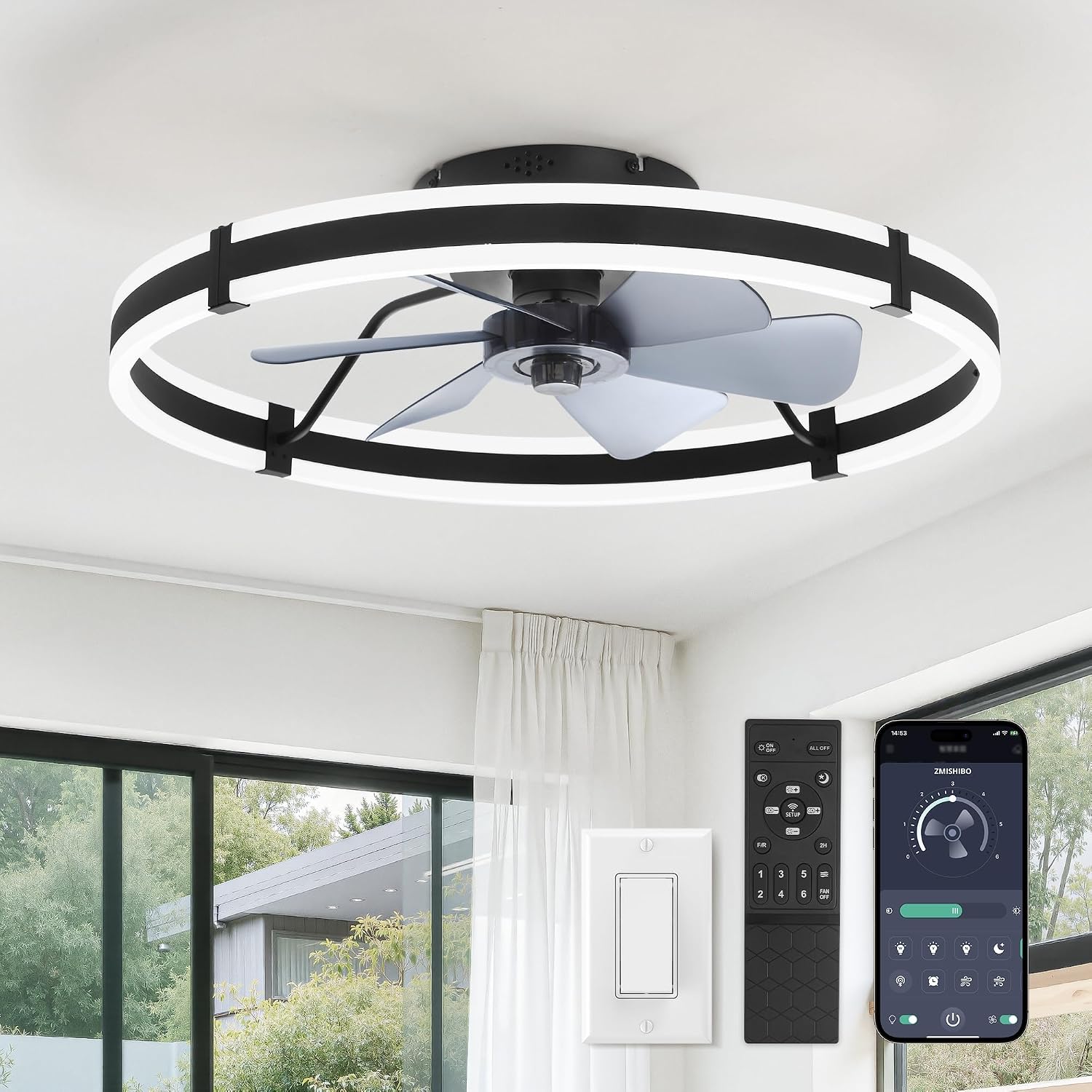 Detalle de ZMISHIBO 24 Inch Black Ceiling Fan with Lights and Remote