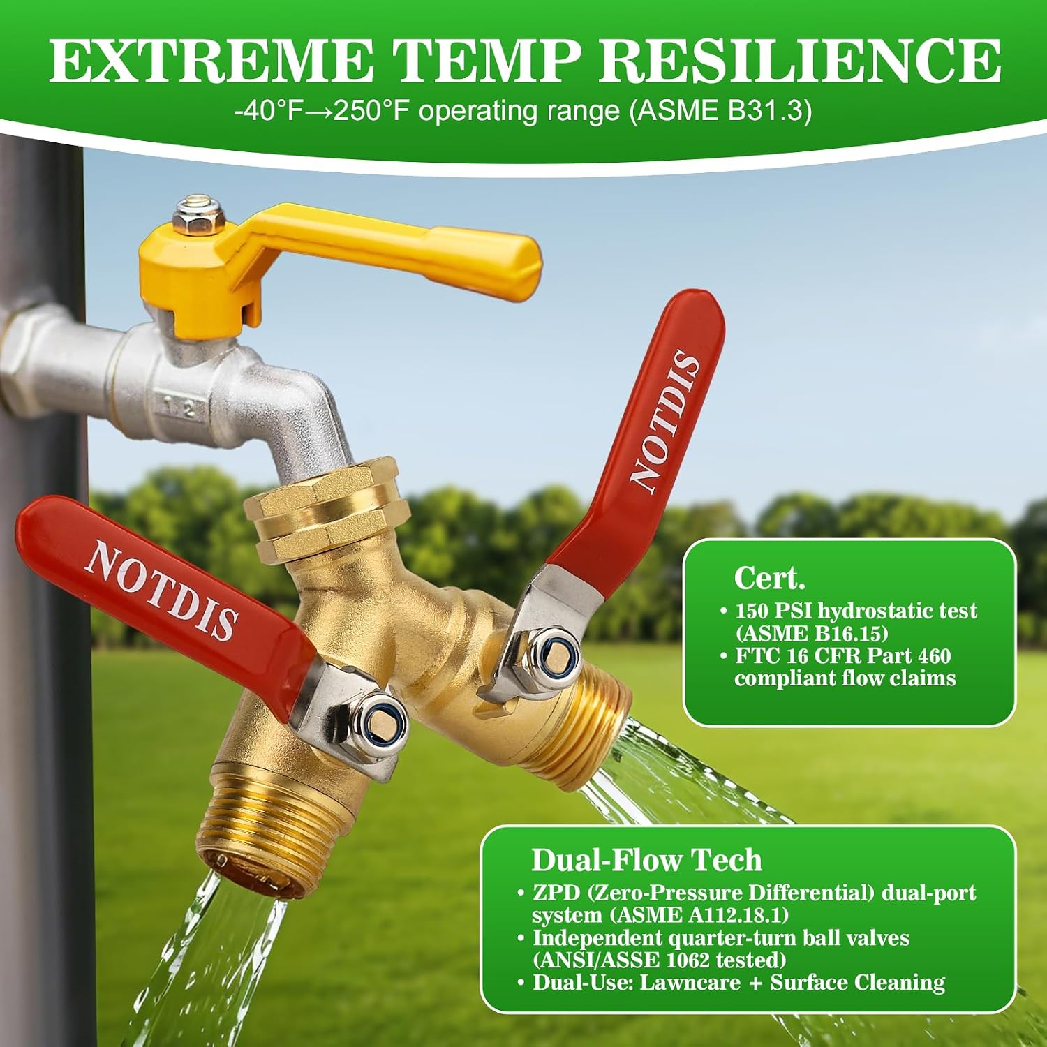 Detalle de NOTDIS Splitter 2-Way Garden Hose Splitter, Brass, 304 Stainless Steel, 3/4-Inch GHT