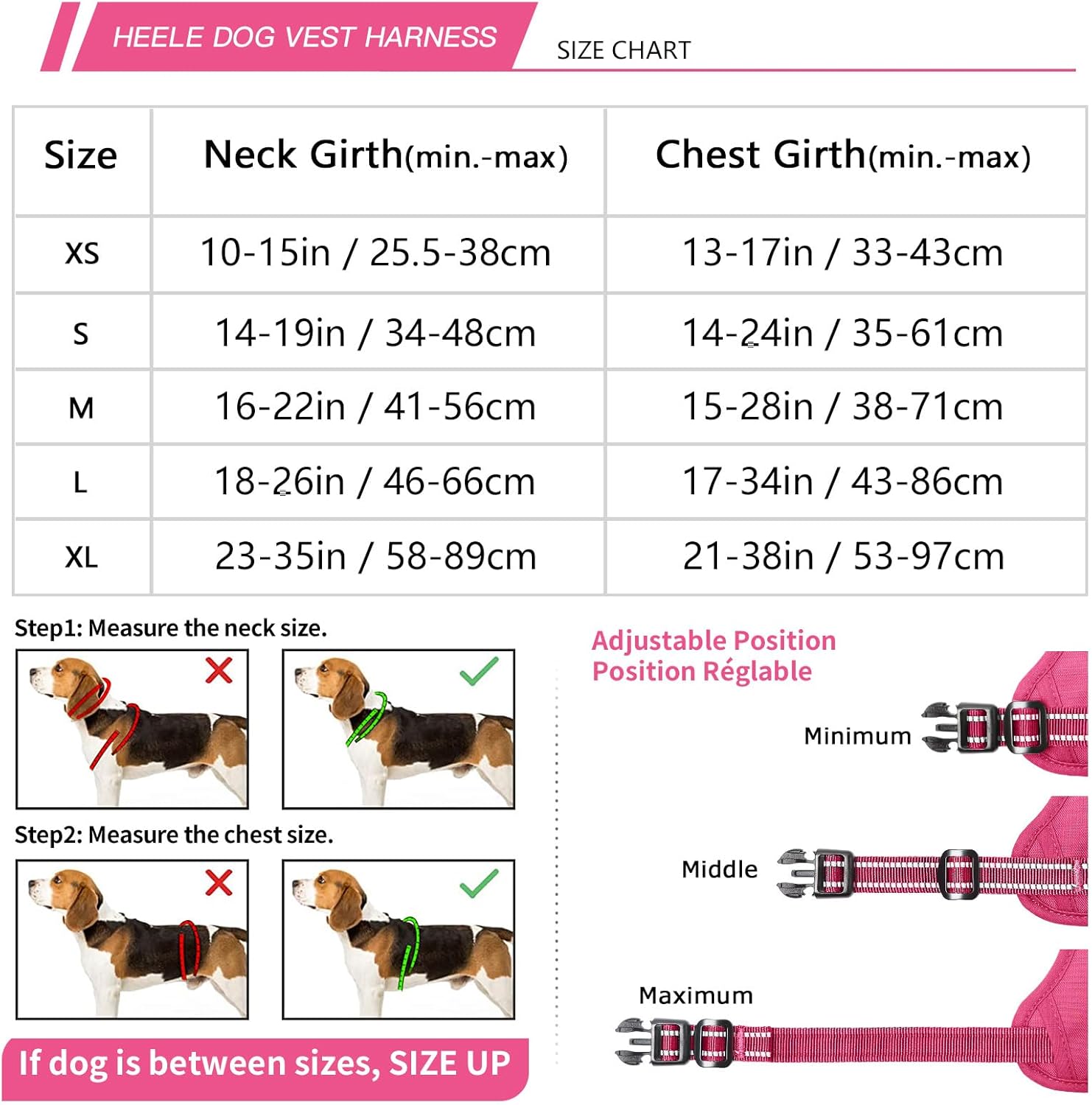 Detalle de HEELE Hundegeschirr Gr. L – verstellbares Brustgeschirr mit reflektierenden Streifen, Quick-Snap-Verschluss, offener Halsbereich, Fuchsia