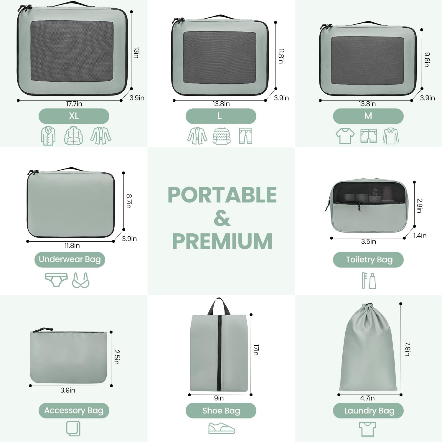 Detalle de Prezon 8-Piece Packing Cubes Set for Suitcase — Lightweight Green