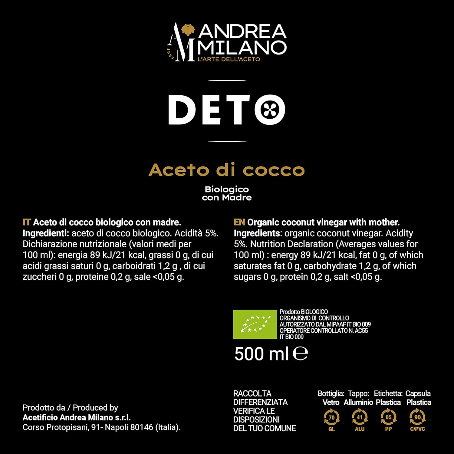 Thumbnail 3 de Deto Andrea Milano Aceto di Cocco Biologico con Madre – 500 ml, non pastorizzato