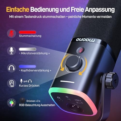 Thumbnail 5 de MAONO PD100XS XLR-USB Streaming Mikrofon mit Arm – Dynamisch, mit Stummschalttaste und Gain-Regler