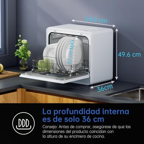 Detalle de AIRMSEN Lavavajillas portátil de encimera con 7+2 programas, 5 L y control táctil (Blanco)
