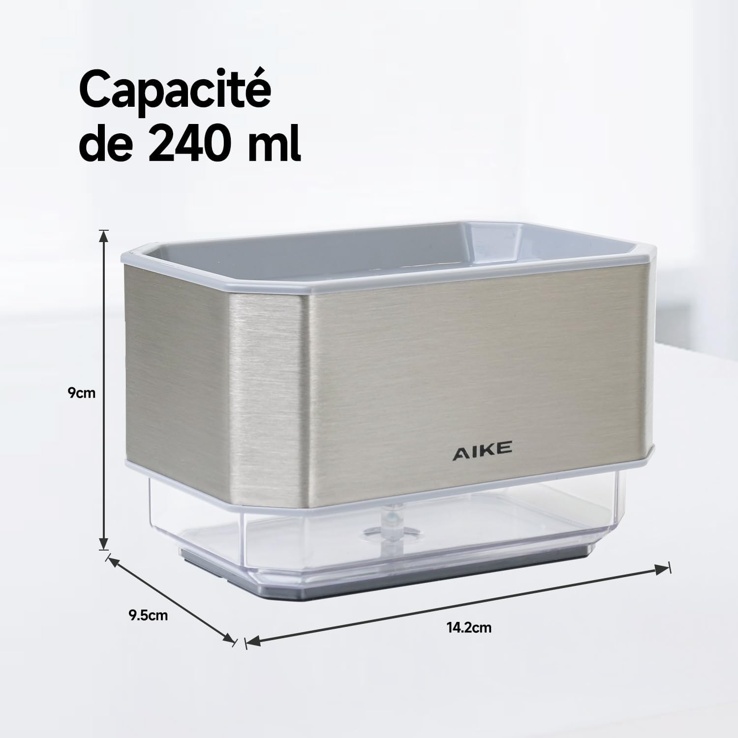 Detalle 2 de AIKE AK1061 240 ML Distributeur Savon Cuisine en Acier Inoxydable – 2 en 1, pratique et élégant