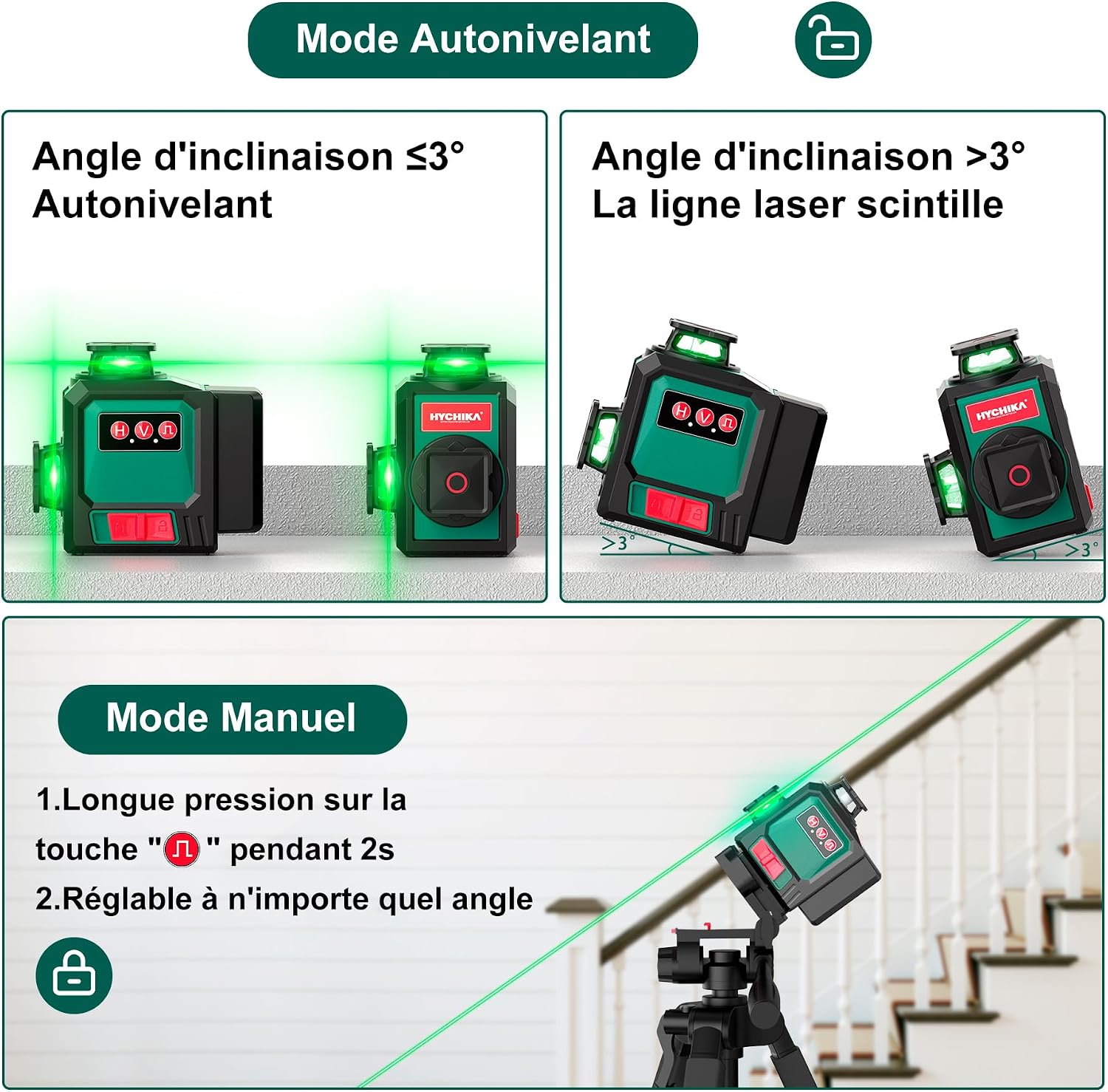 Detalle de HYCHIKA Livella Laser Autolivellante 3x360° con Treppiede – Kit completo IP54