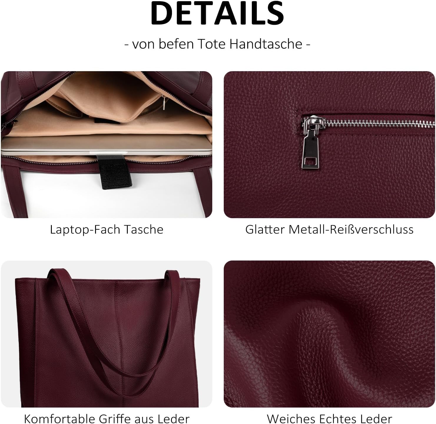 Thumbnail 4 de befen Echtleder Handtasche Damen Groß Shopper mit 14 Zoll Laptopfach – Viel Platz, hochwertiges Rindsleder