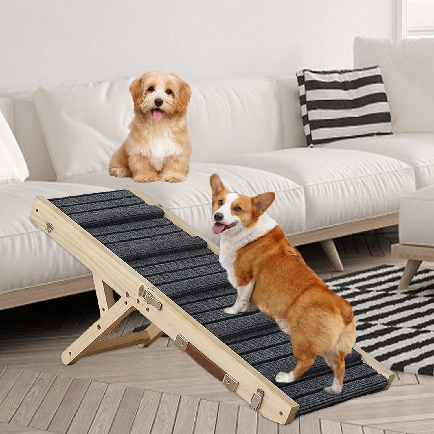 Detalle de Dog Ramp – Portable Folding Wooden Pet Ramp, Adjustable 9"–18.5" for Small to Medium Dogs