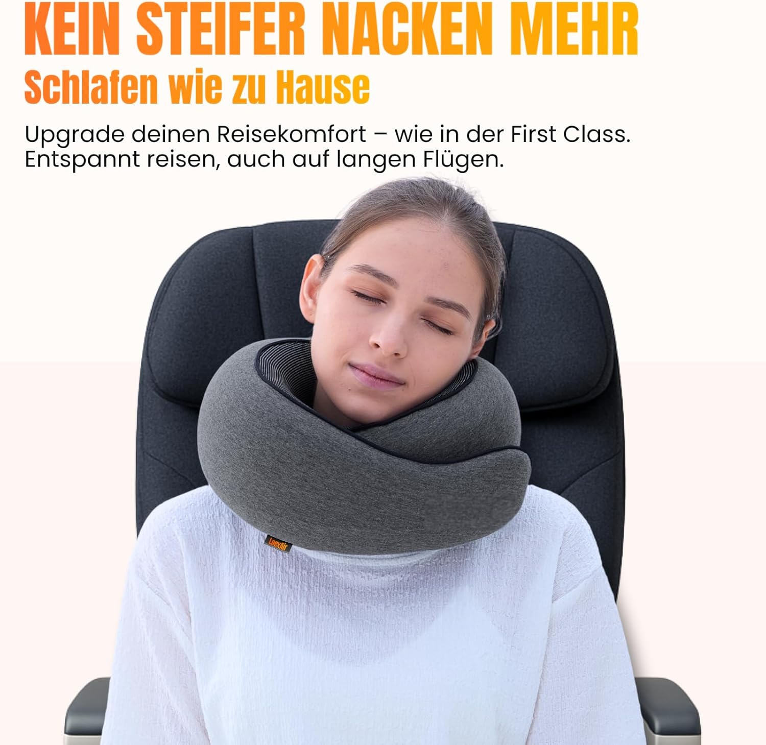 Detalle de LoexAir Nackenkissen Flugzeug – 100% Baumwolle, Memory-Schaum, inkl. Schlafmaske & Ohrstöpsel (Dunkelgrau)