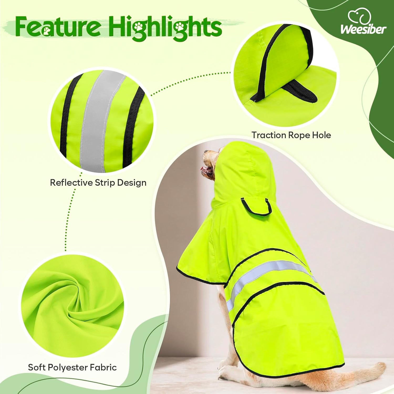 Thumbnail 2 de Weesiber Waterproof Dog Coat (Adjustable Rain Jacket with Reflective Strip) – Large, Green