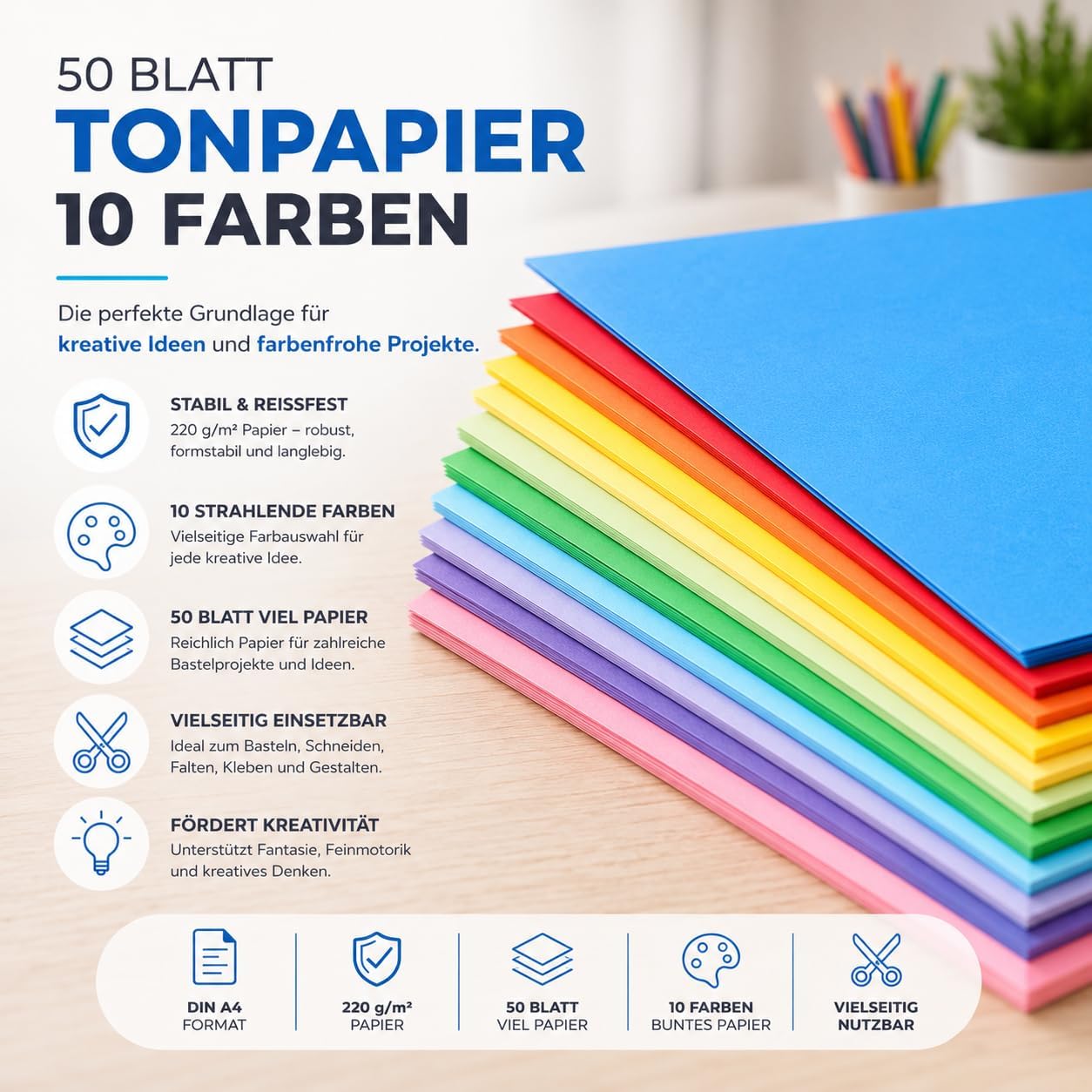Thumbnail 4 de 50 Blatt A4 Tonpapier 220 g/m² in 10 Farben – Bastelpapier & Tonkarton