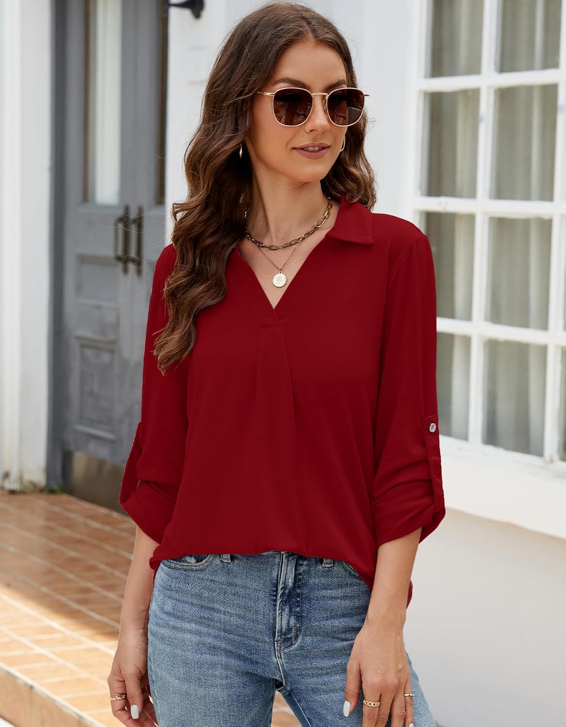 Thumbnail 4 de Odosalii Women's Casual V-Neck Tunic Blouse with Rolled-Up Sleeves