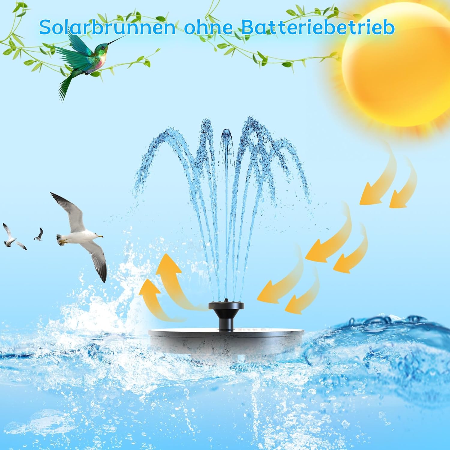 Detalle de AMZtime Solarbrunnen für Draussen – Upgraded Solar Springbrunnen mit 6 Düsen, Vogelbad und Teichpumpe