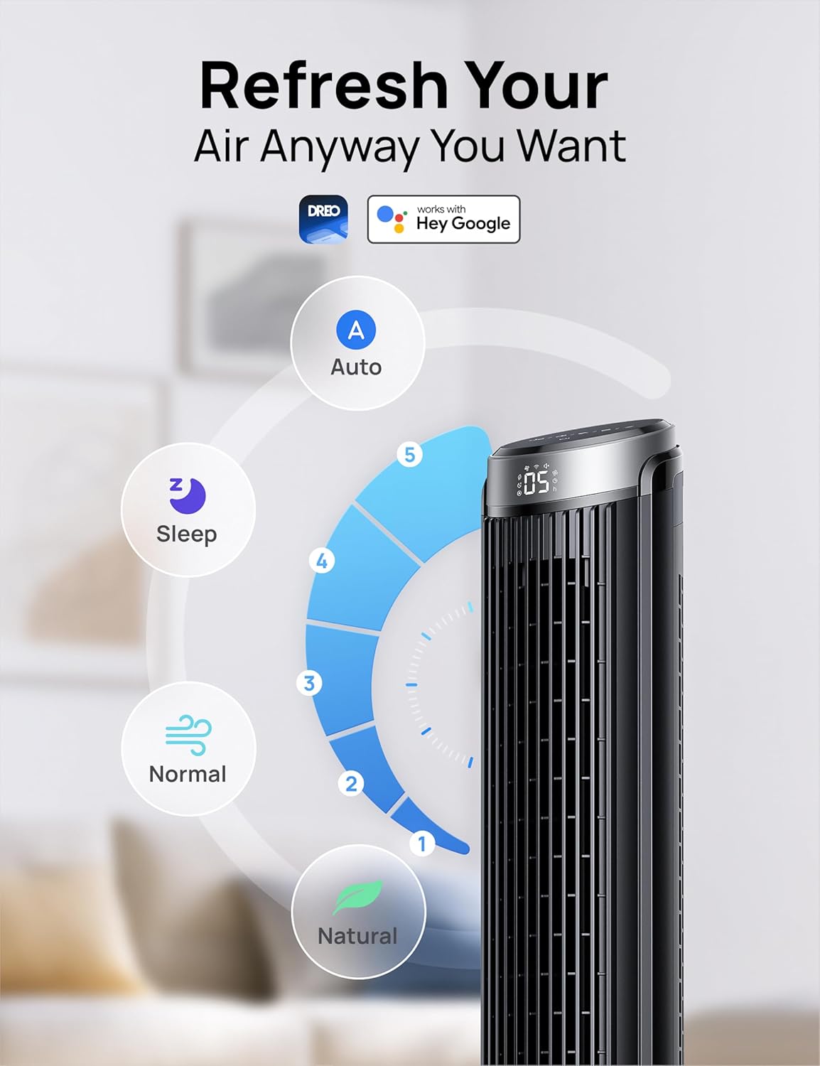Thumbnail 3 de DREO Smart Tower Fan for Bedroom (90° Oscillating) – 7.9m/s, 5 Speeds, Quiet 28dB, Touch/Remote/App & Alexa