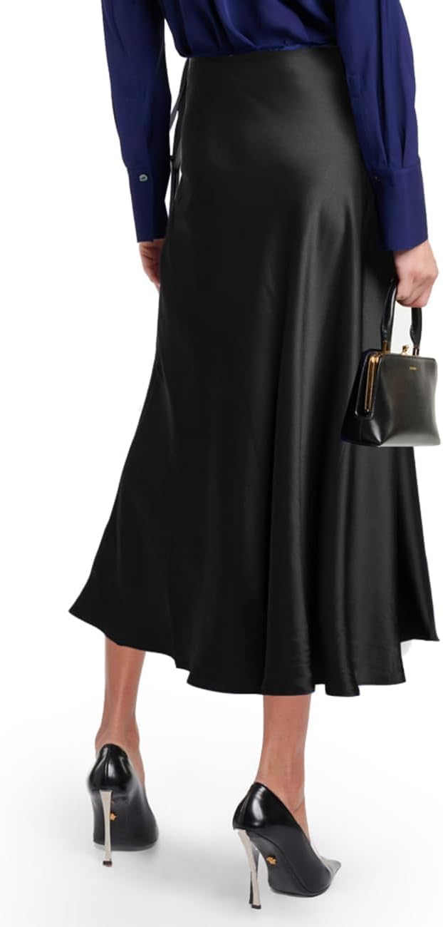 Detalle de MAYFASEY Women's Satin Midi Skirt – High Waist, A-Line with Side Zip