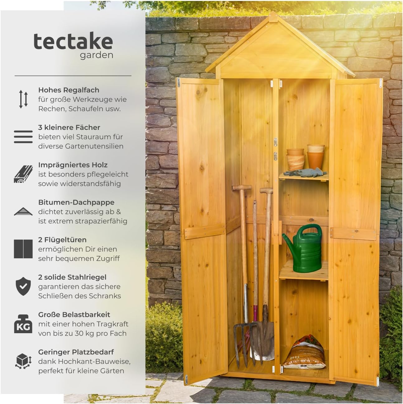 Detalle 2 de tectake® Holz Gartenschrank für den Außenbereich, wetterfest, 80,5 x 60 x 213,5 cm