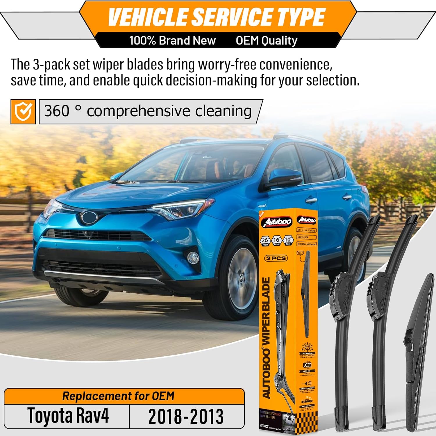 Thumbnail 1 de AUTOBOO 26" + 16" Windshield Wipers with 10" Rear Wiper Blade Replacement (Pack of 3) for Toyota RAV4 2013–2018