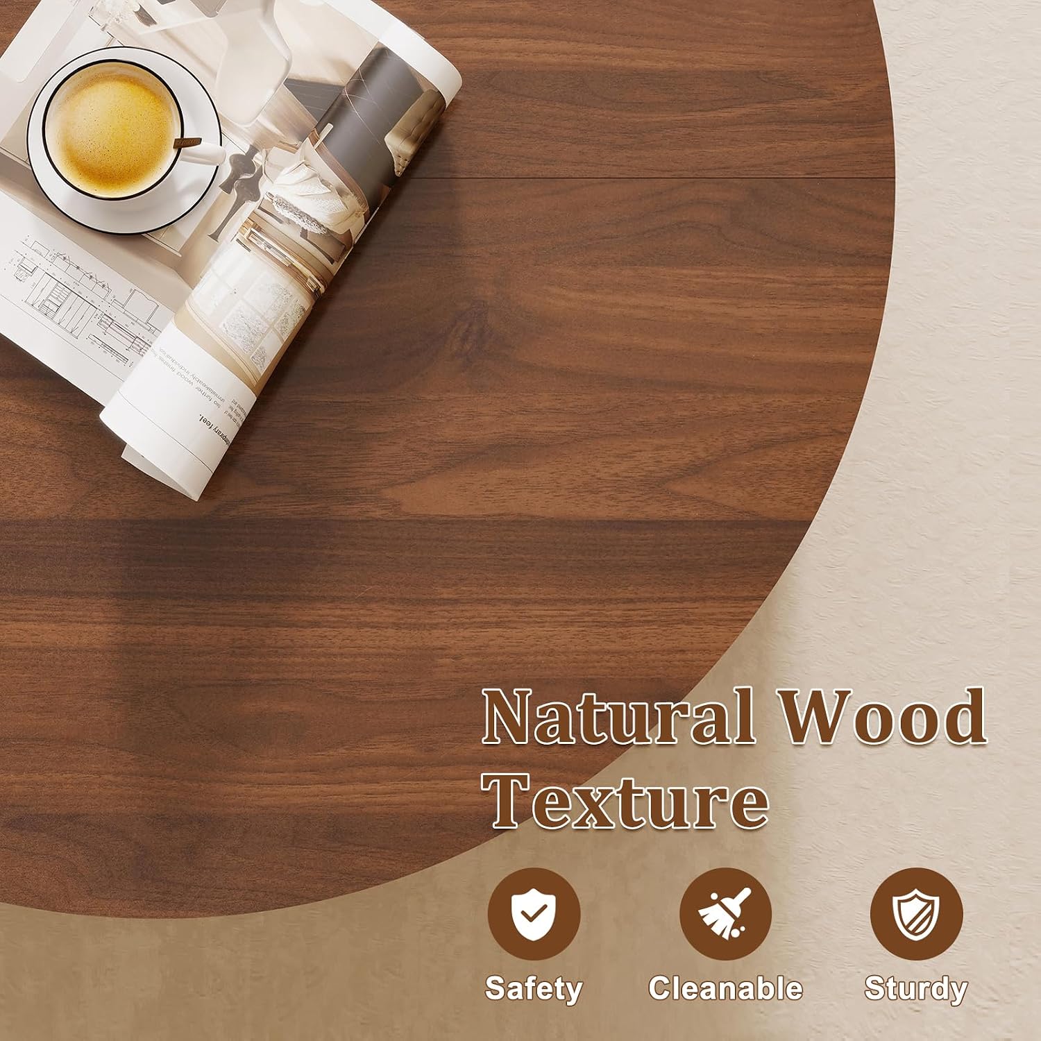 Detalle de LYNCOHOME LHCF172-WN Round Coffee Table, Walnut, Fluted Design with Hidden Storage