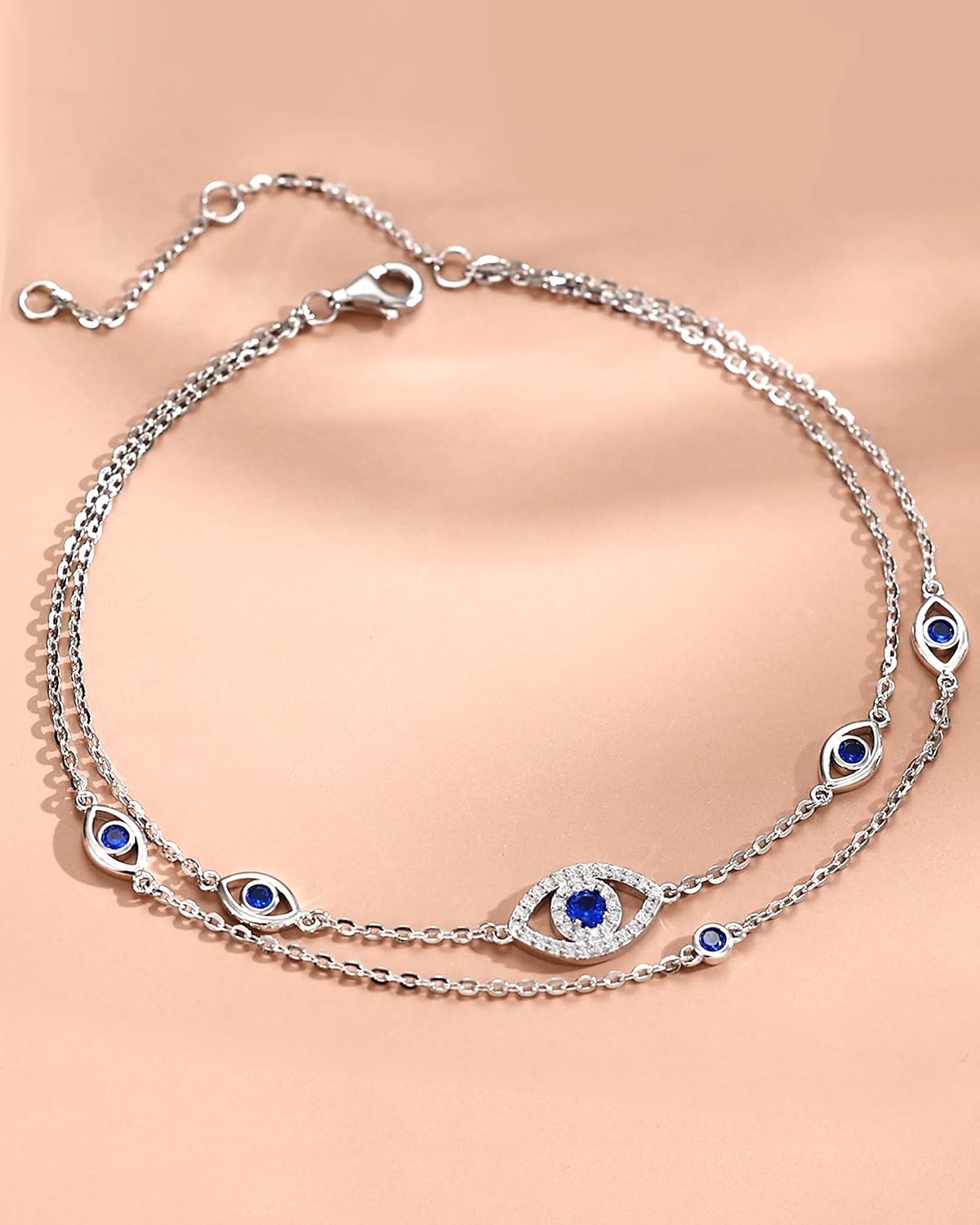 Detalle de FANCIME 925 Sterling Silver Evil Eye Anklet — Adjustable Beaded Chain, Turkish Beach Jewellery