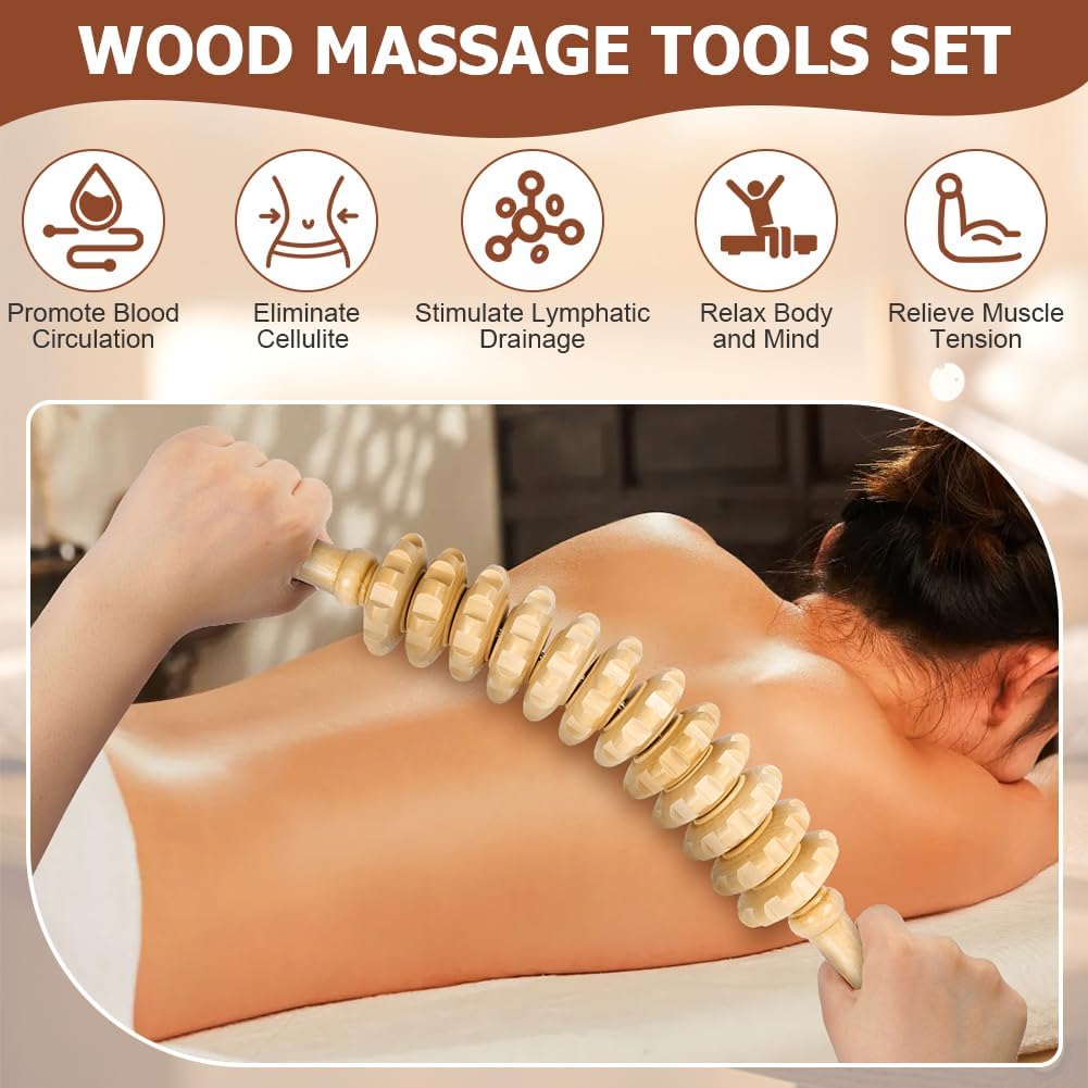 Thumbnail 2 de ACWOO 3 pezzi: Rullo Massaggio Cellulite di Legno, Guasha e Bastone per Drenaggio Linfatico
