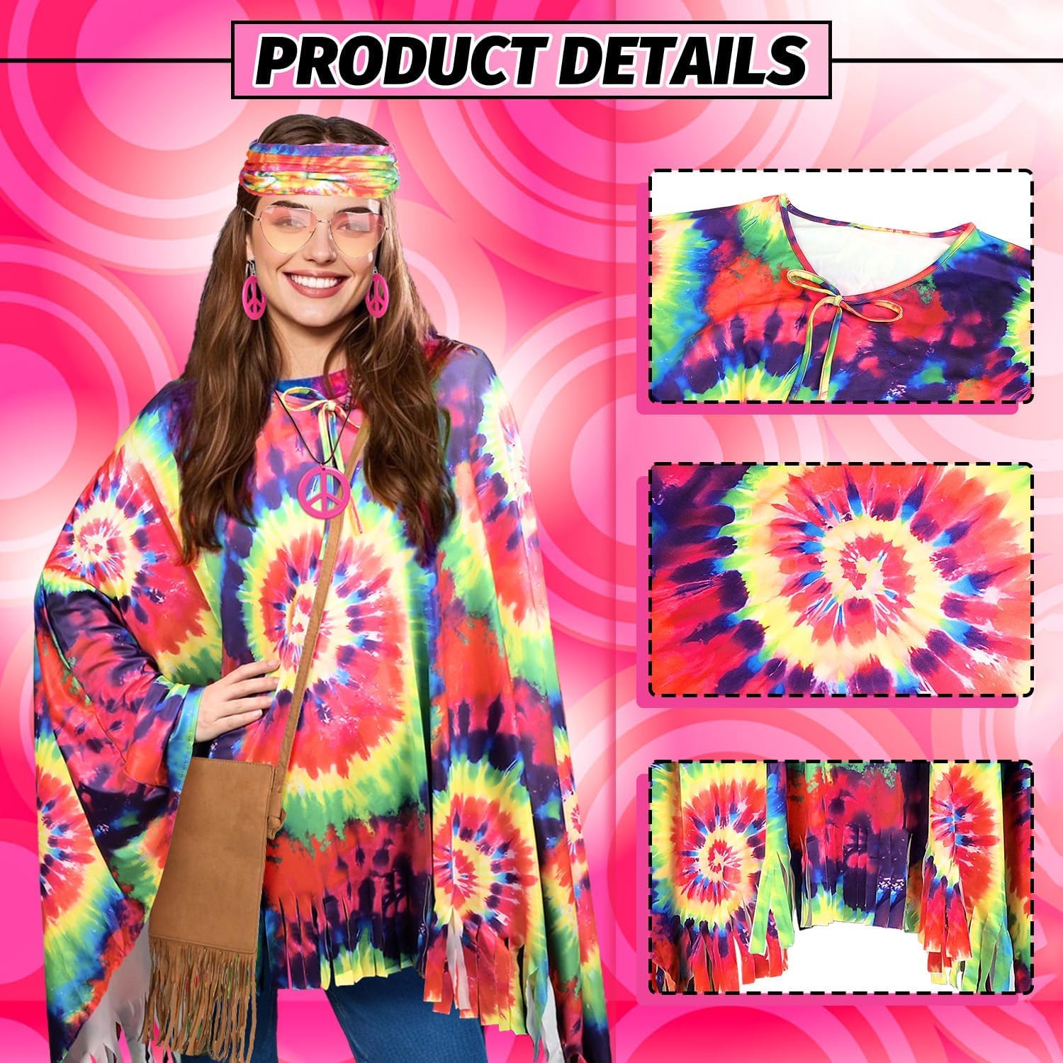 Thumbnail 2 de iZoeL 70s Hippie Costume Set for Women and Men – Batik Poncho, Headbands, Peace Necklace & Accessories