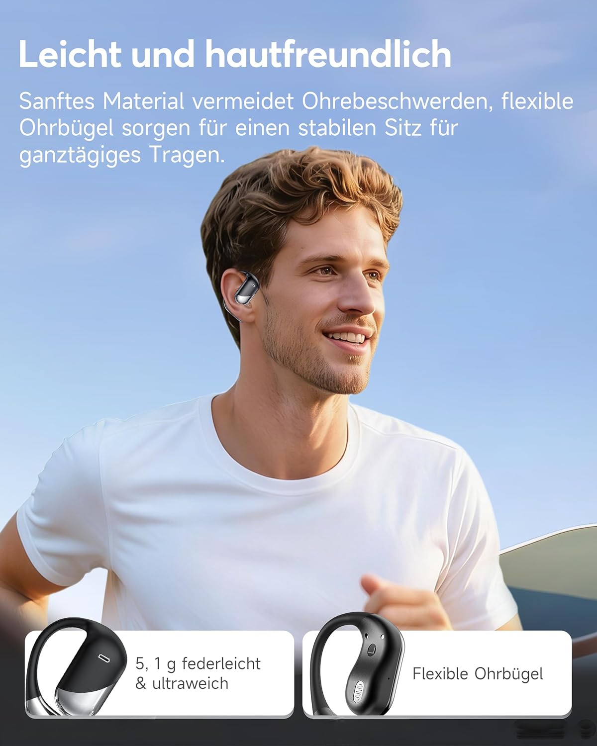 Detalle de Offene Ohr Kabellose Ohrhörer – Sport Bluetooth mit Echtzeitübersetzung, 80 Stunden Akkulaufzeit, IP55, Open-Ear-Design (Schwarz)
