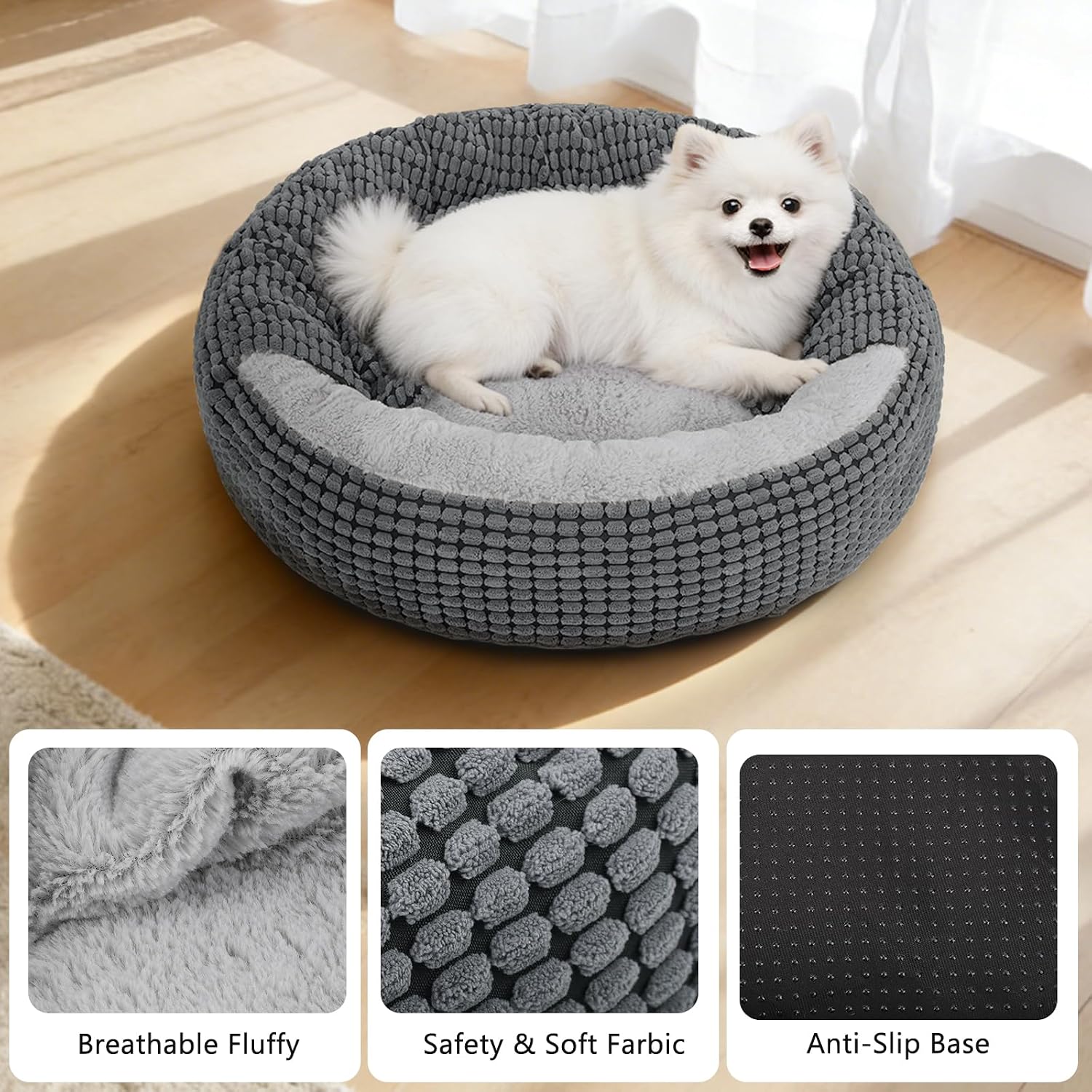 Detalle de SIWA MARY PB0053-GY-23IN Hooded Donut Pet Bed, 26-Inch Plush, Washable