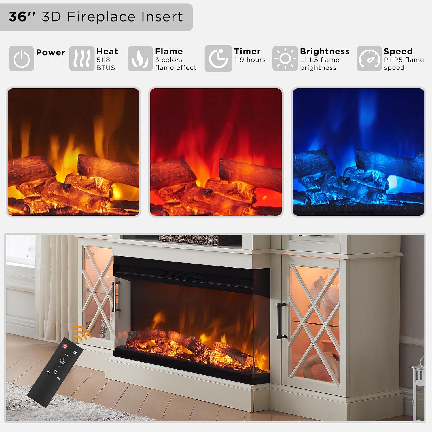 Detalle de OKD Electric Fireplace TV Stand with 36-Inch Fireplace