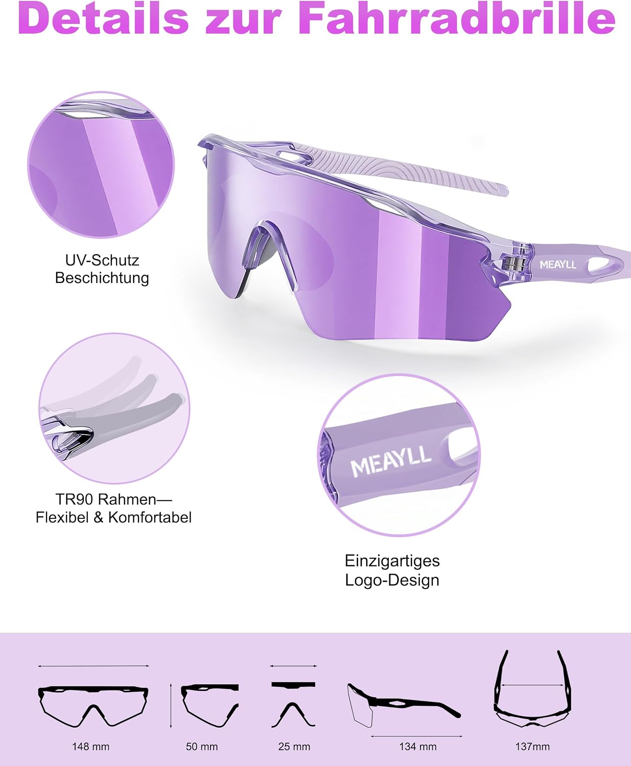 Detalle 2 de Meayll Fahrradbrille Herren Damen – UV400 Schutz, leichter TR90 Rahmen, verstellbare Nasenpads