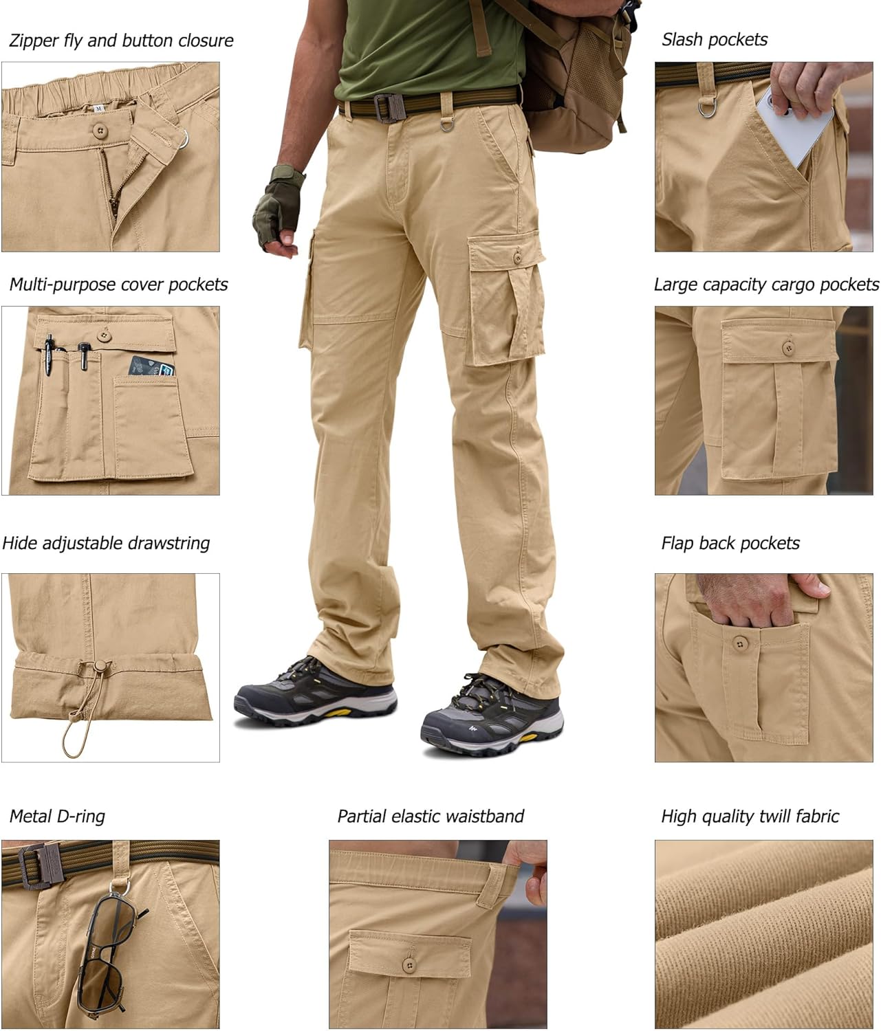 Detalle 2 de Cindeyar Cargohose Herren Relaxed Fit – robuste Outdoor-Hose mit 8 Taschen