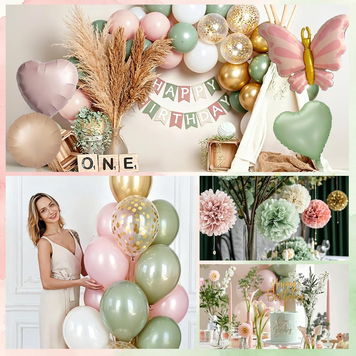 Detalle de Dusty Pink & Green Birthday Decorations Set: A Romantic, Versatile Party Kit