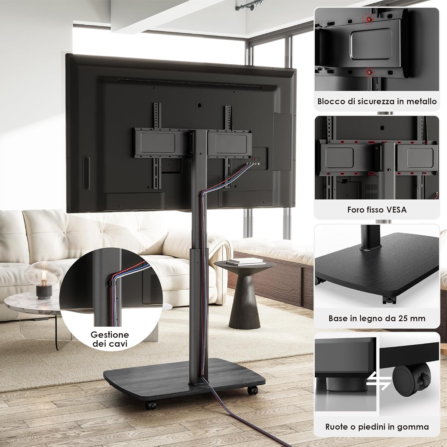 Detalle de AOKCOS Carrello Porta TV con Ruote per 43-75 pollici: supporto da pavimento regolabile, girevole e inclinabile, con base in legno