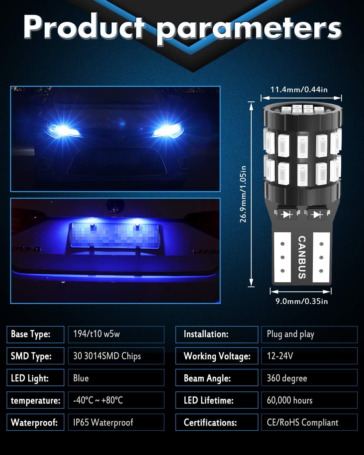 Thumbnail 3 de KATUR T10 W5W LED 194 168 2825 Lampadina Cuneo LED CANBUS Blu – Versione aggiornata