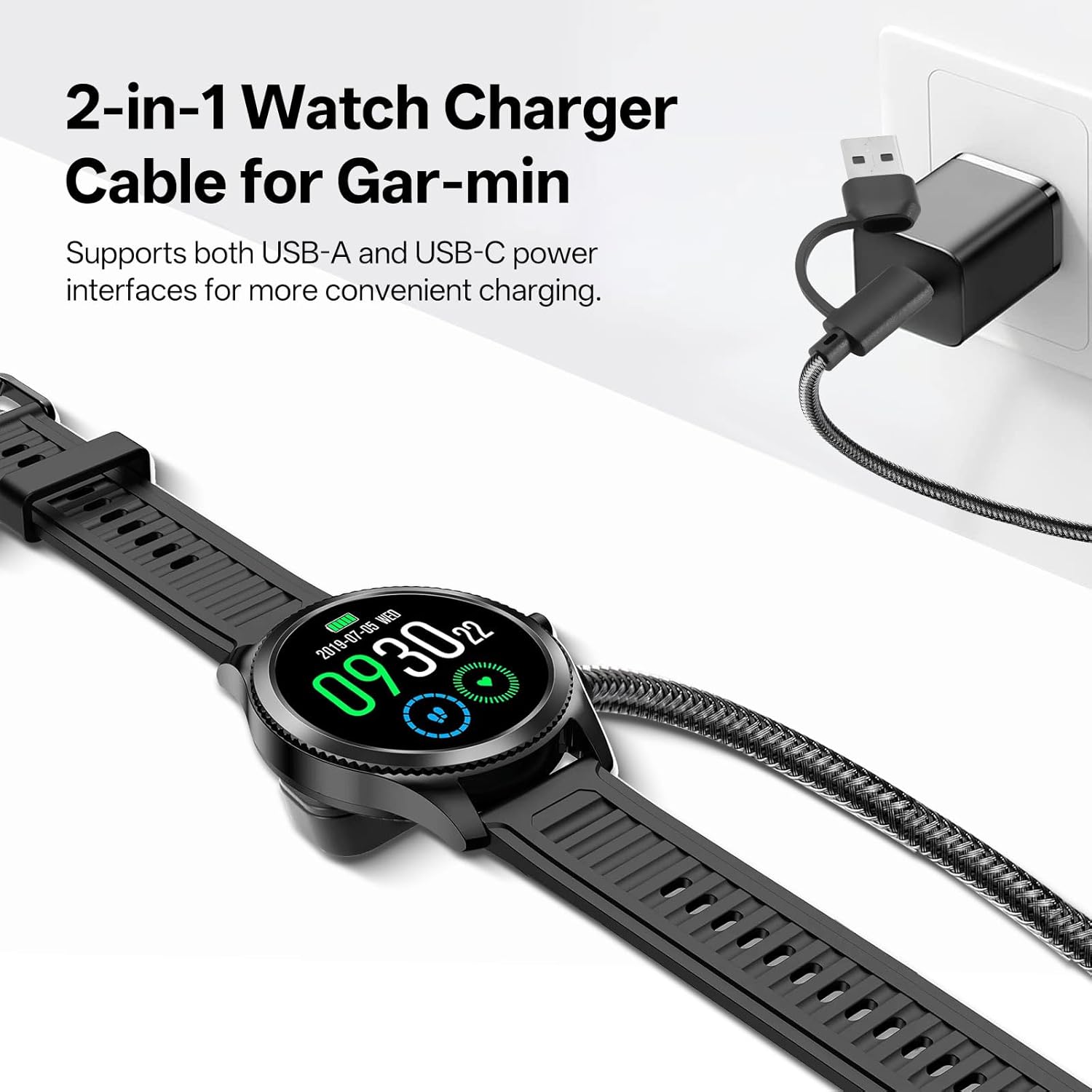 Thumbnail 1 de 2-in-1 Garmin watch charger cable with USB-A adapter (1m, USB-C) for Fenix, Forerunner, Vivoactive & Instinct