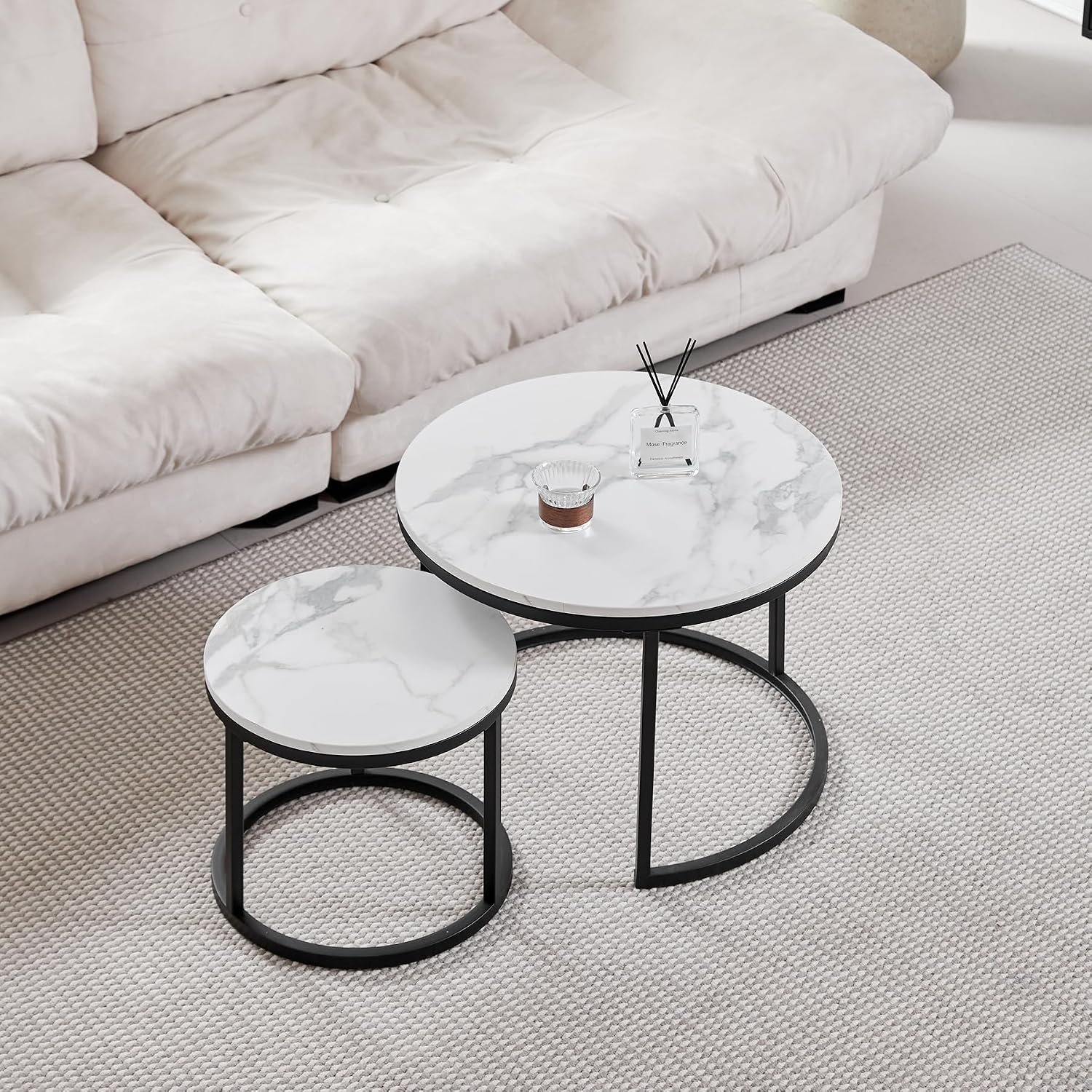 Detalle de HJhomeheart set van 2 ronde bijzettafels, zwart-wit met marmerlook