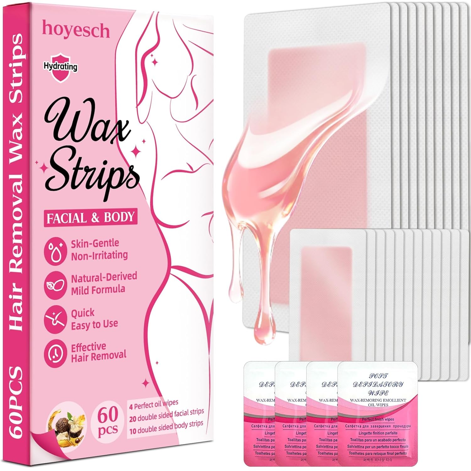 Hoyesch 60 PCS Wax Strips Kit for Women: Facial & Body Hair Removal