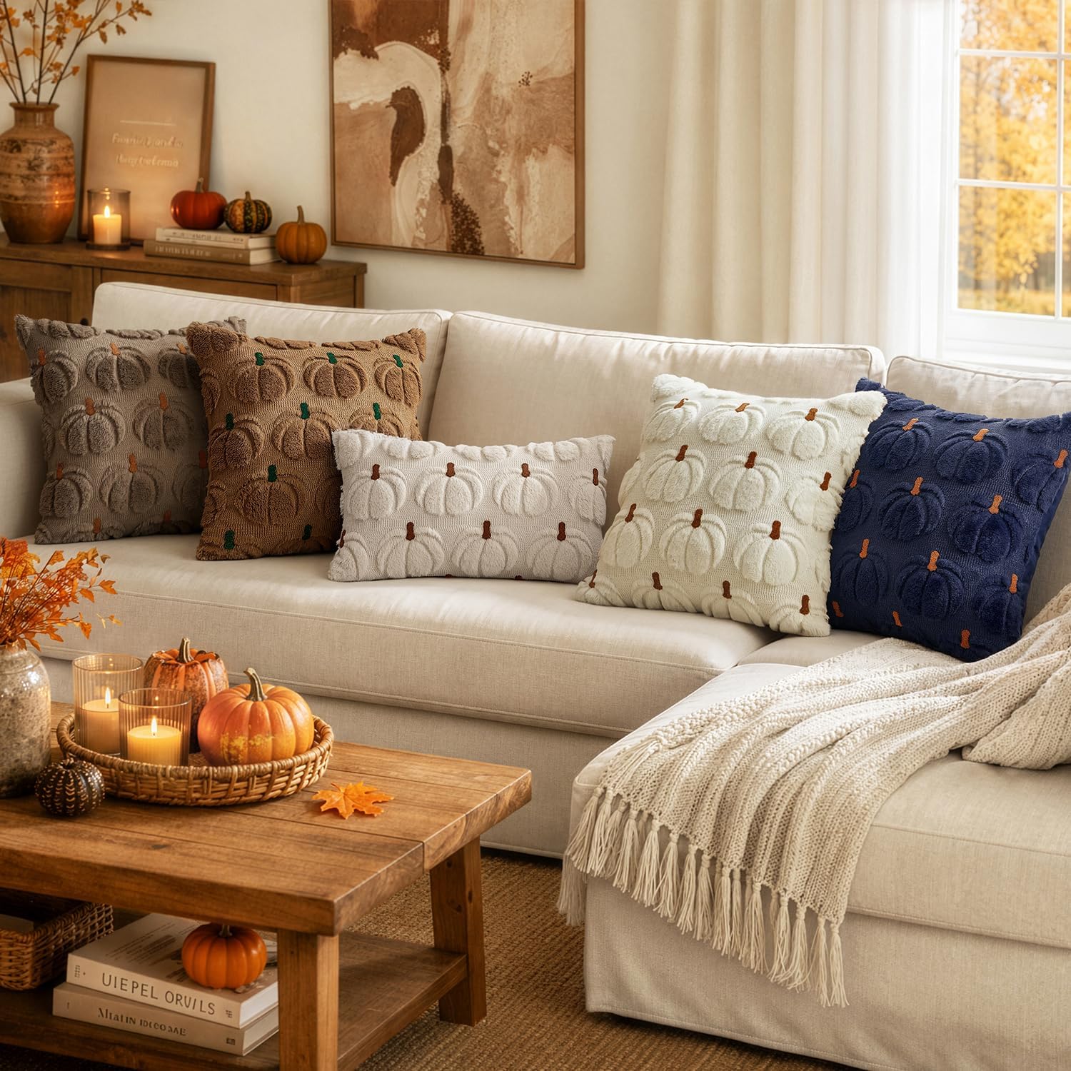 Detalle 2 de MIULEE Fall Pumpkin Pillow Covers, 16 x 16, Set of 2, 3D Embroidery