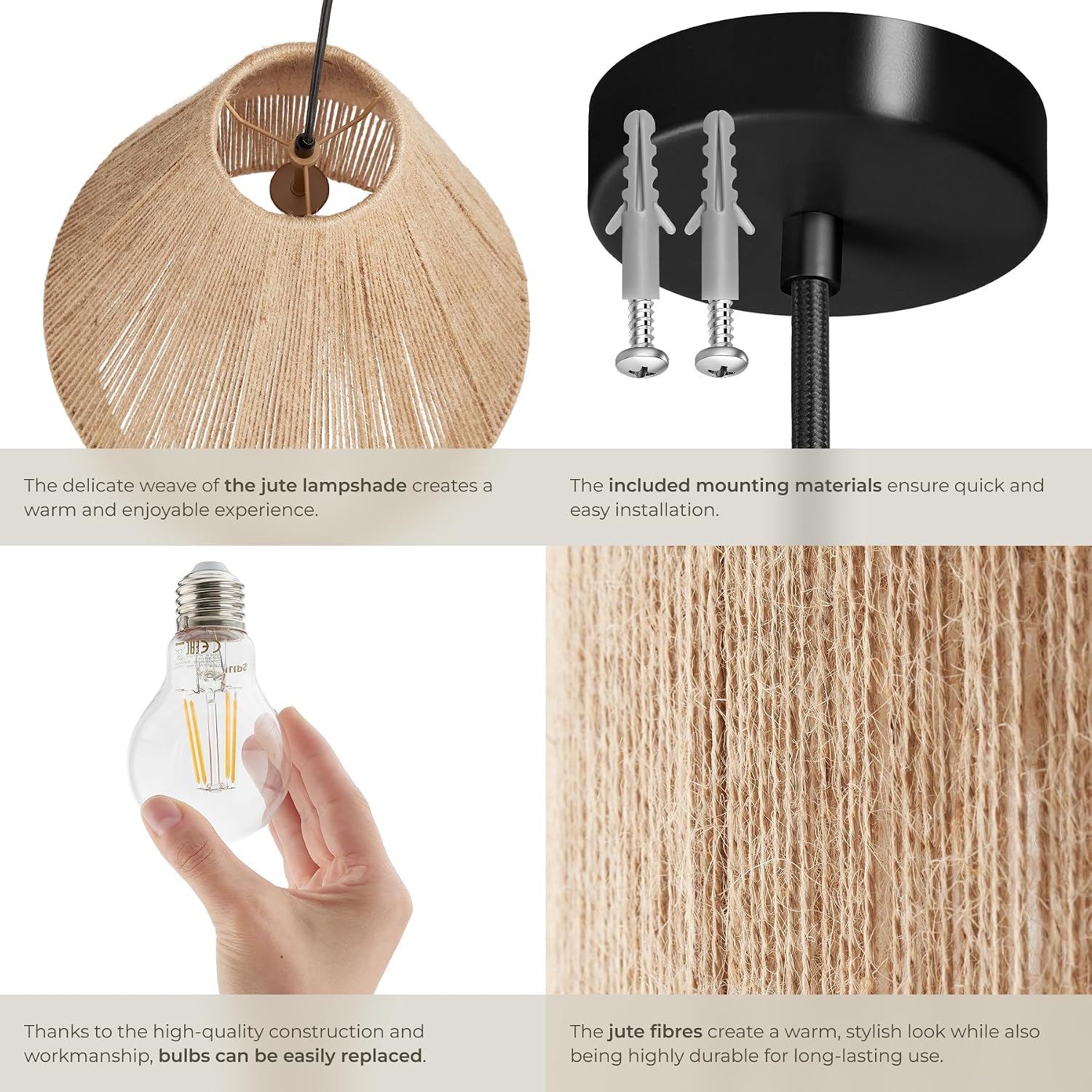 Thumbnail 3 de tectake Suri 406077 pendellampa i jute och stål, E27, 40 W