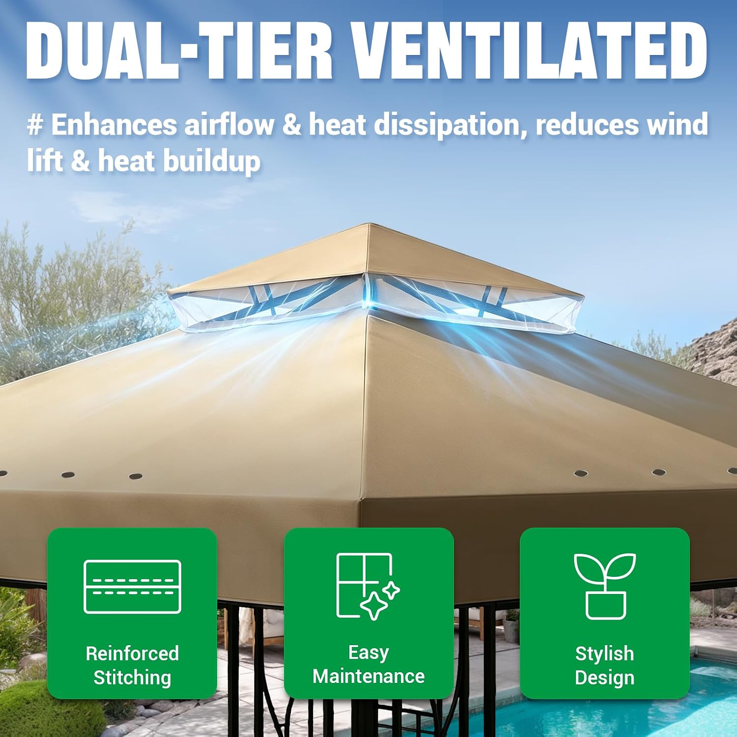Detalle de Acepic 8x8 Ft Khaki Double-Tier Gazebo Replacement Canopy, 420D Waterproof