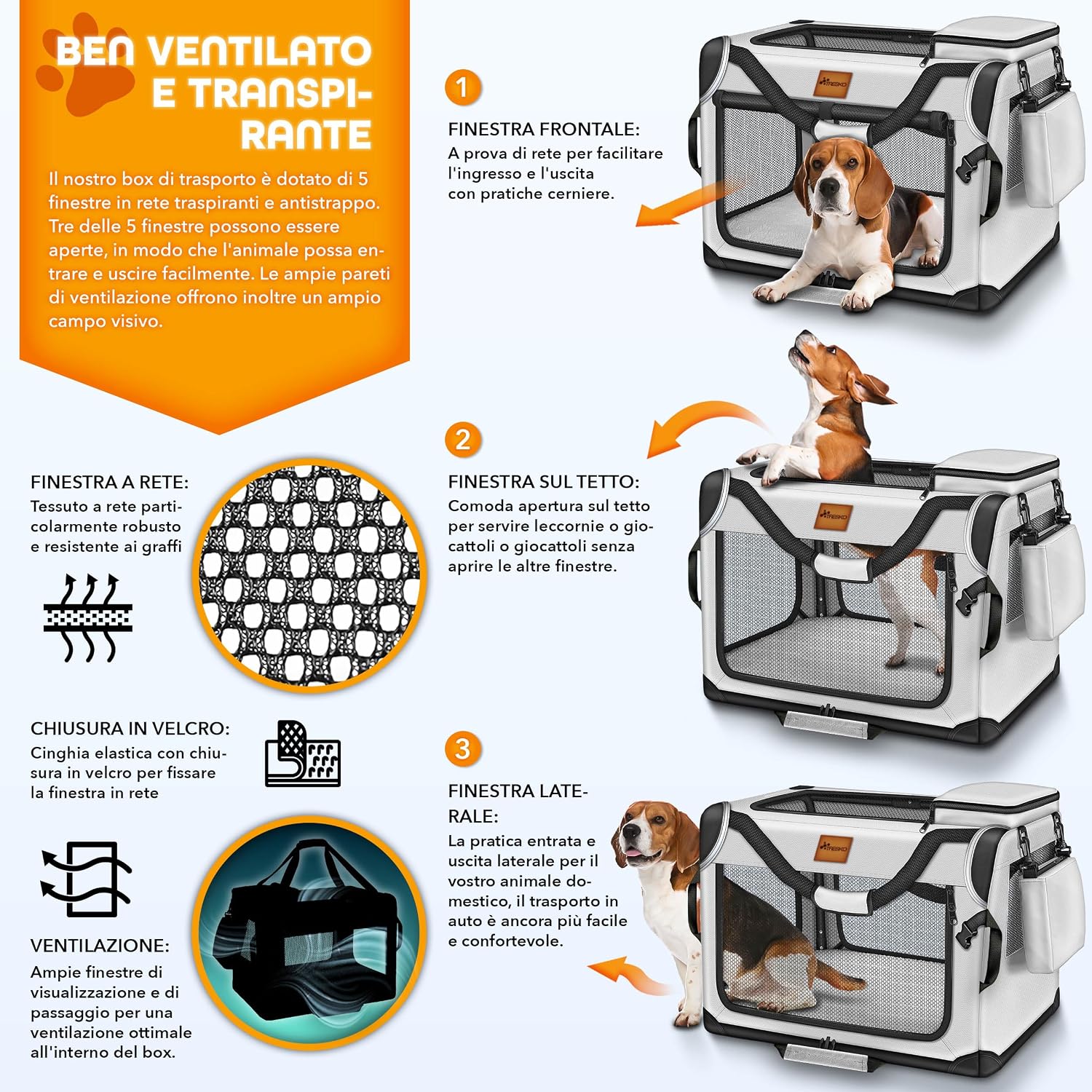 Detalle de TRESKO Box Pieghevole per Cani e Gatti con Tappetino, Spatola e Riflettori M 61 x 42 x 42 cm | Trasportino Auto per Animali di Piccola e Grande Taglia